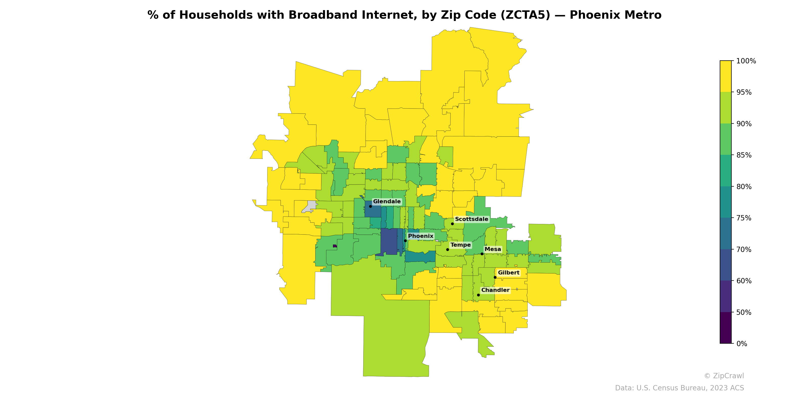 % of Households with Broadband Internet, by Zip Code (ZCTA5) — Phoenix Metro