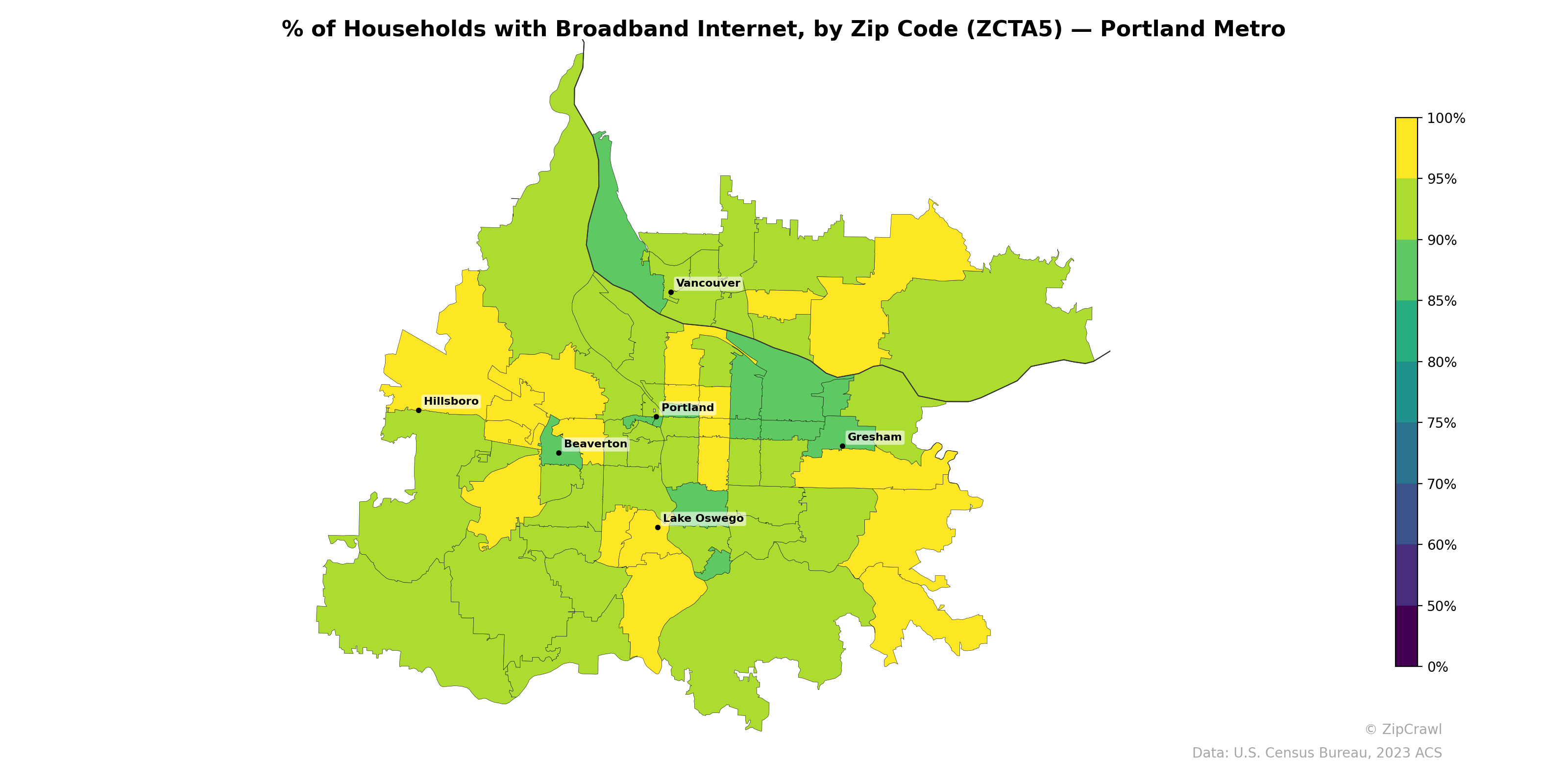 % of Households with Broadband Internet, by Zip Code (ZCTA5) — Portland Metro