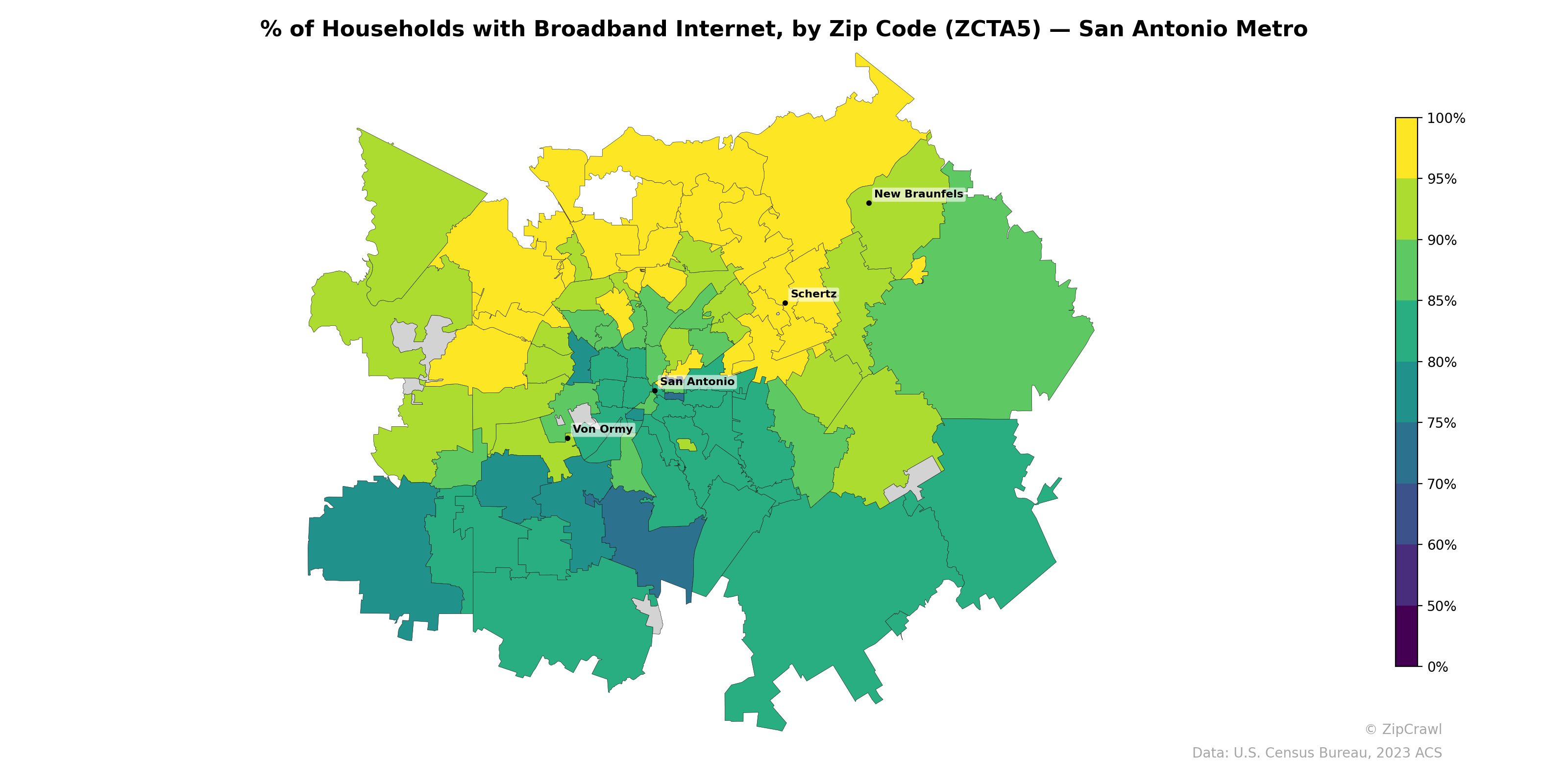 % of Households with Broadband Internet, by Zip Code (ZCTA5) — San Antonio Metro