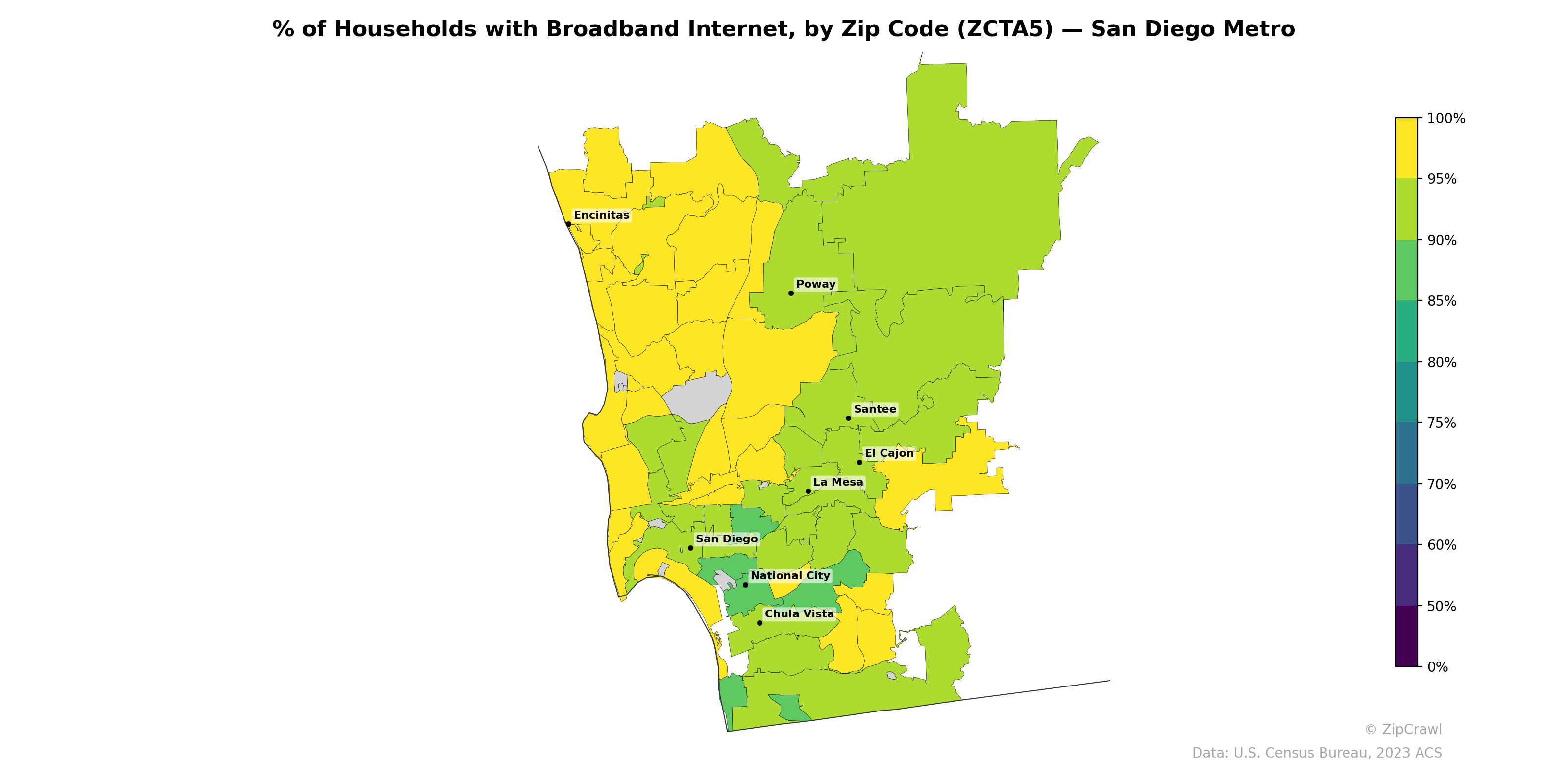 % of Households with Broadband Internet, by Zip Code (ZCTA5) — San Diego Metro