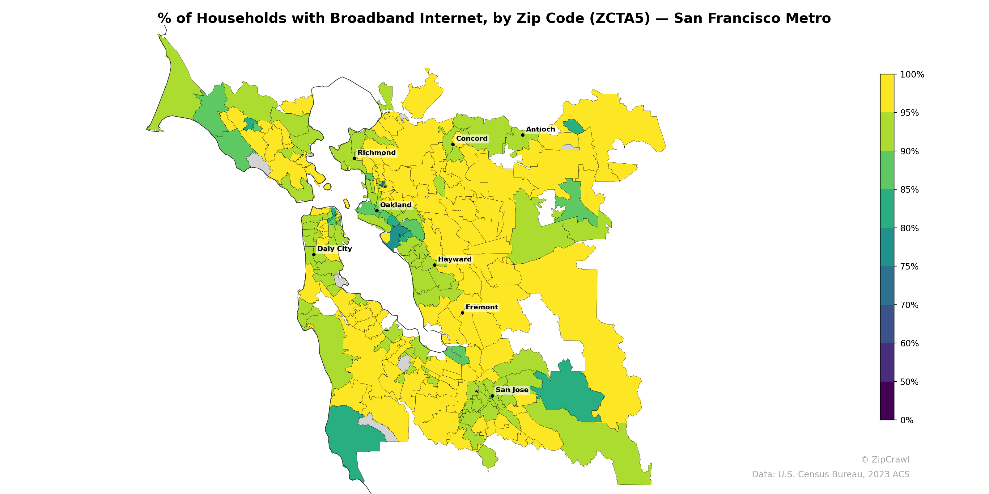 % of Households with Broadband Internet, by Zip Code (ZCTA5) — San Francisco Metro