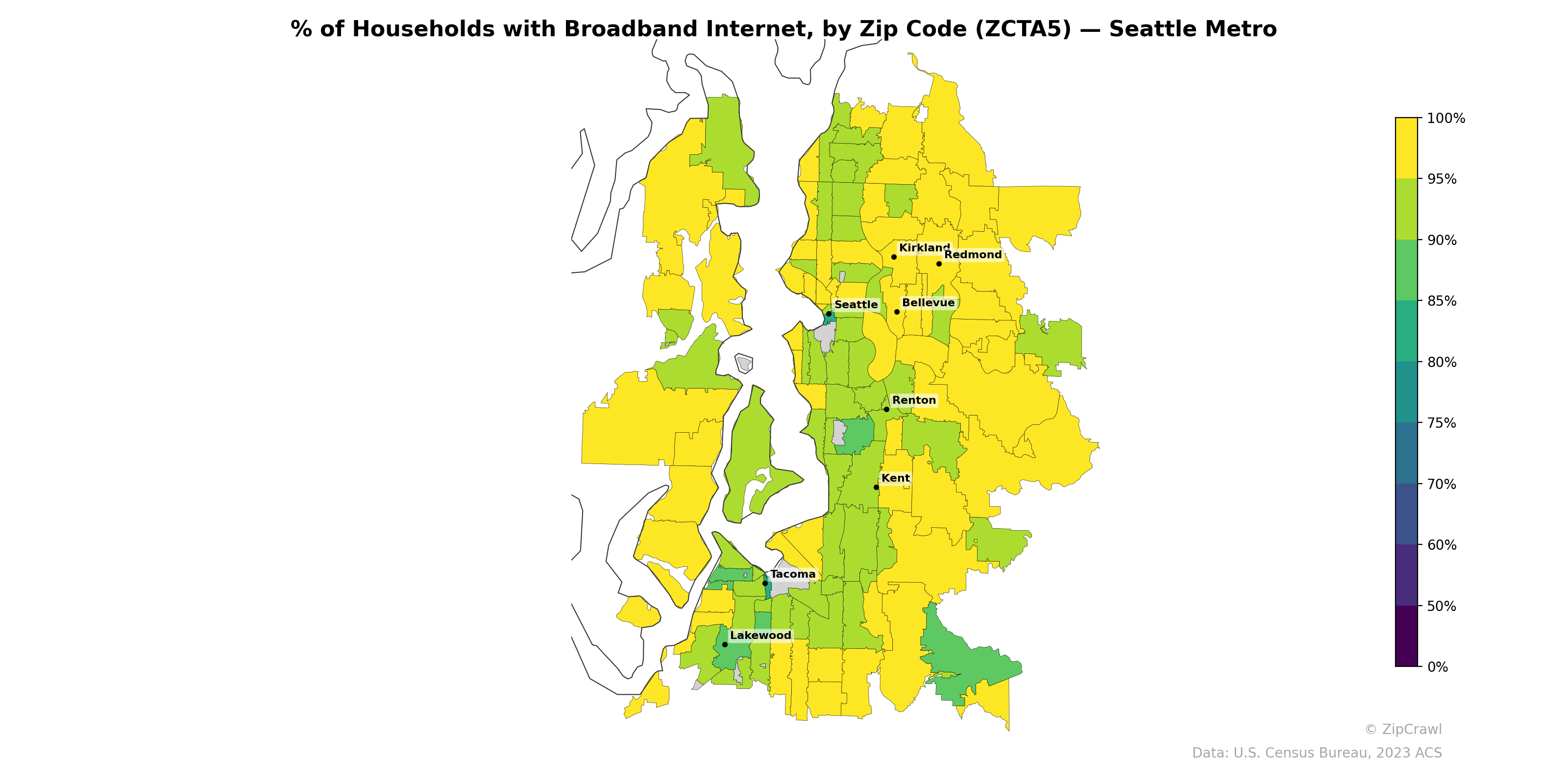% of Households with Broadband Internet, by Zip Code (ZCTA5) — Seattle Metro