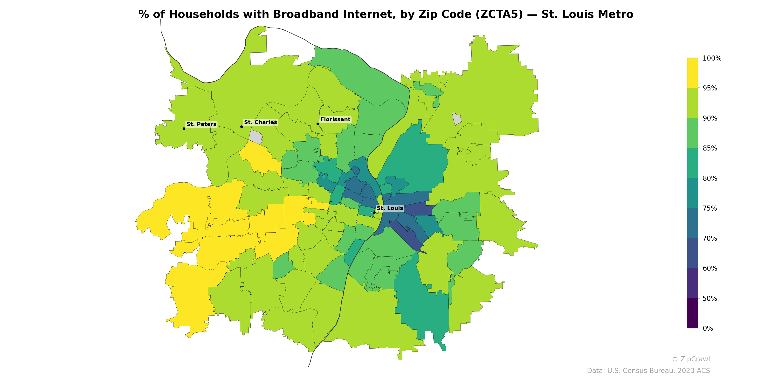 % of Households with Broadband Internet, by Zip Code (ZCTA5) — St. Louis Metro