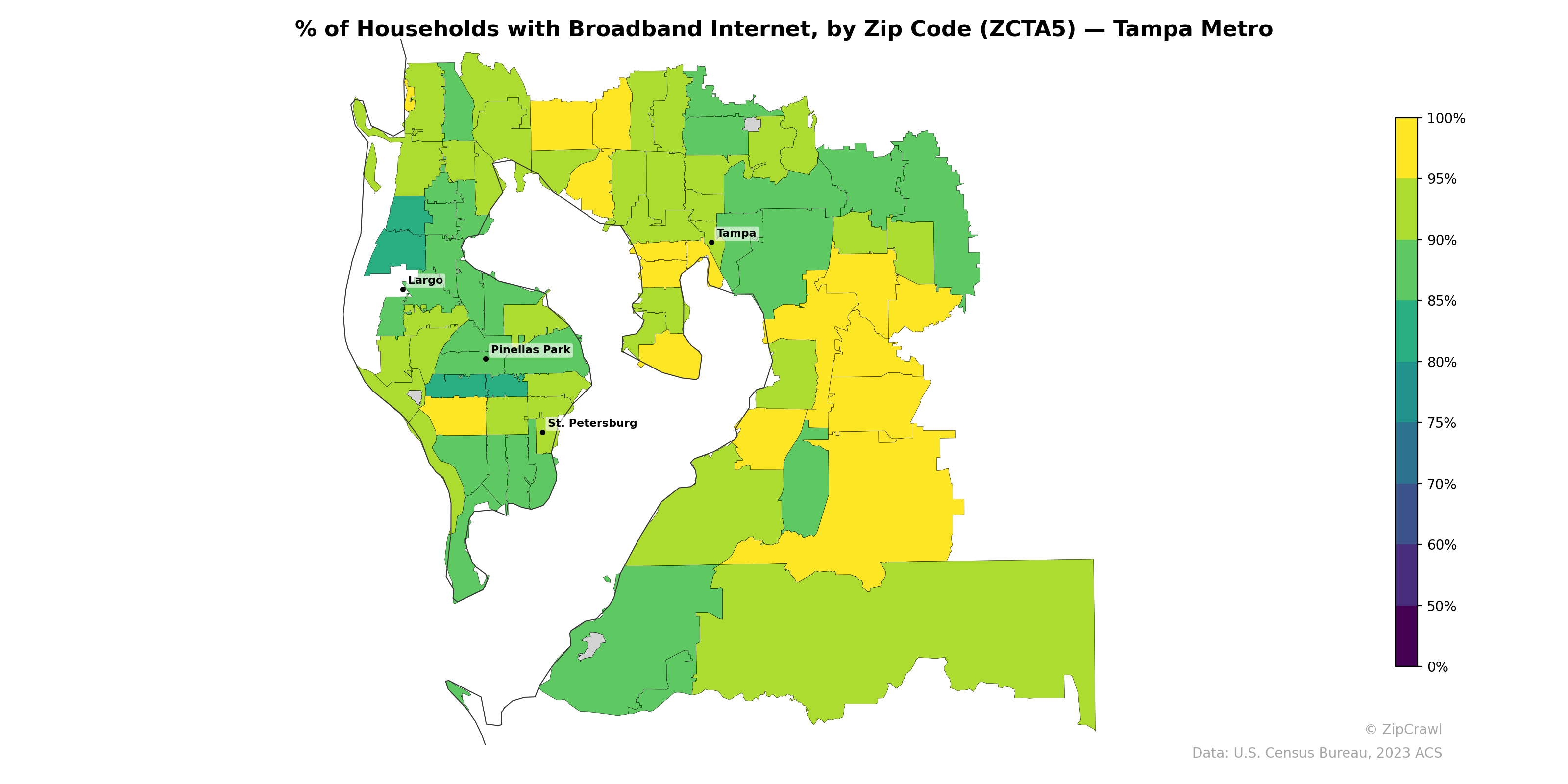 % of Households with Broadband Internet, by Zip Code (ZCTA5) — Tampa Metro