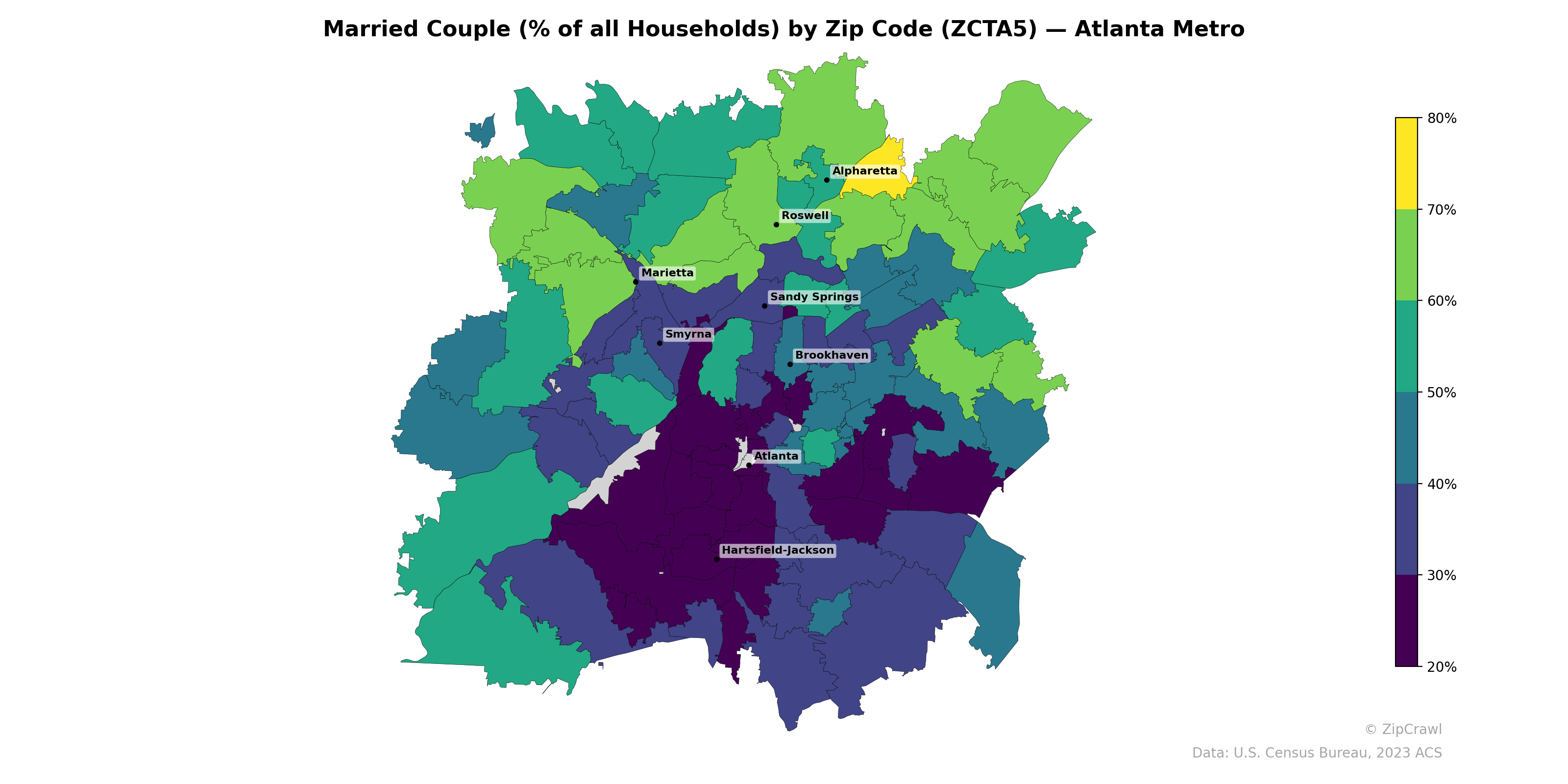 Married Couple (% of all Households) by Zip Code (ZCTA5) — Atlanta Metro