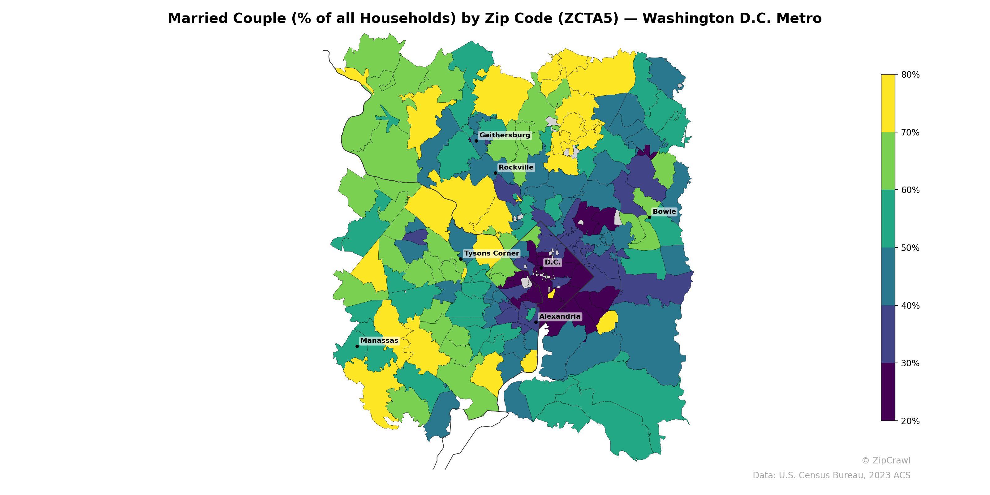Married Couple (% of all Households) by Zip Code (ZCTA5) — Washington D.C. Metro