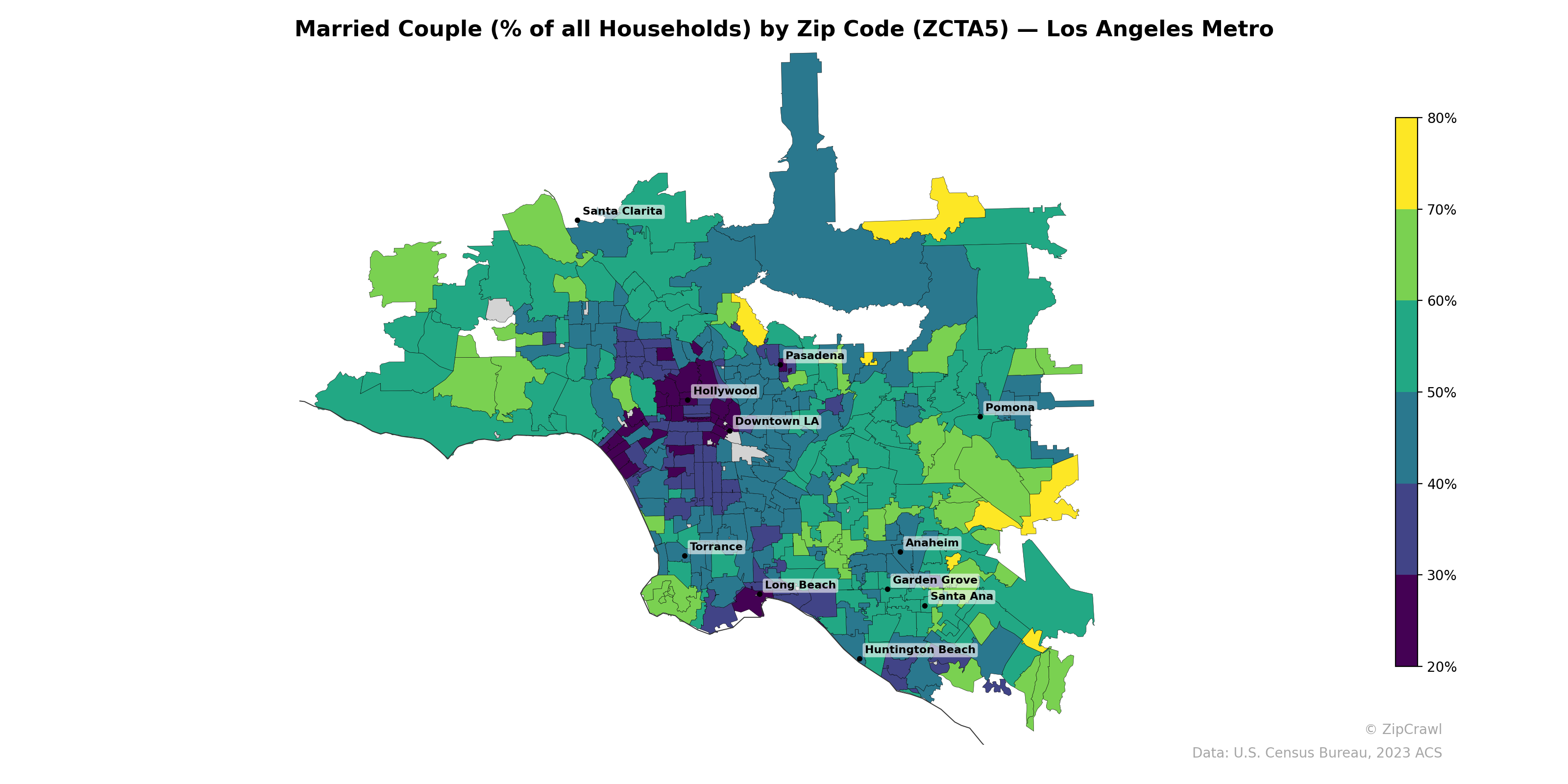 Married Couple (% of all Households) by Zip Code (ZCTA5) — Los Angeles Metro
