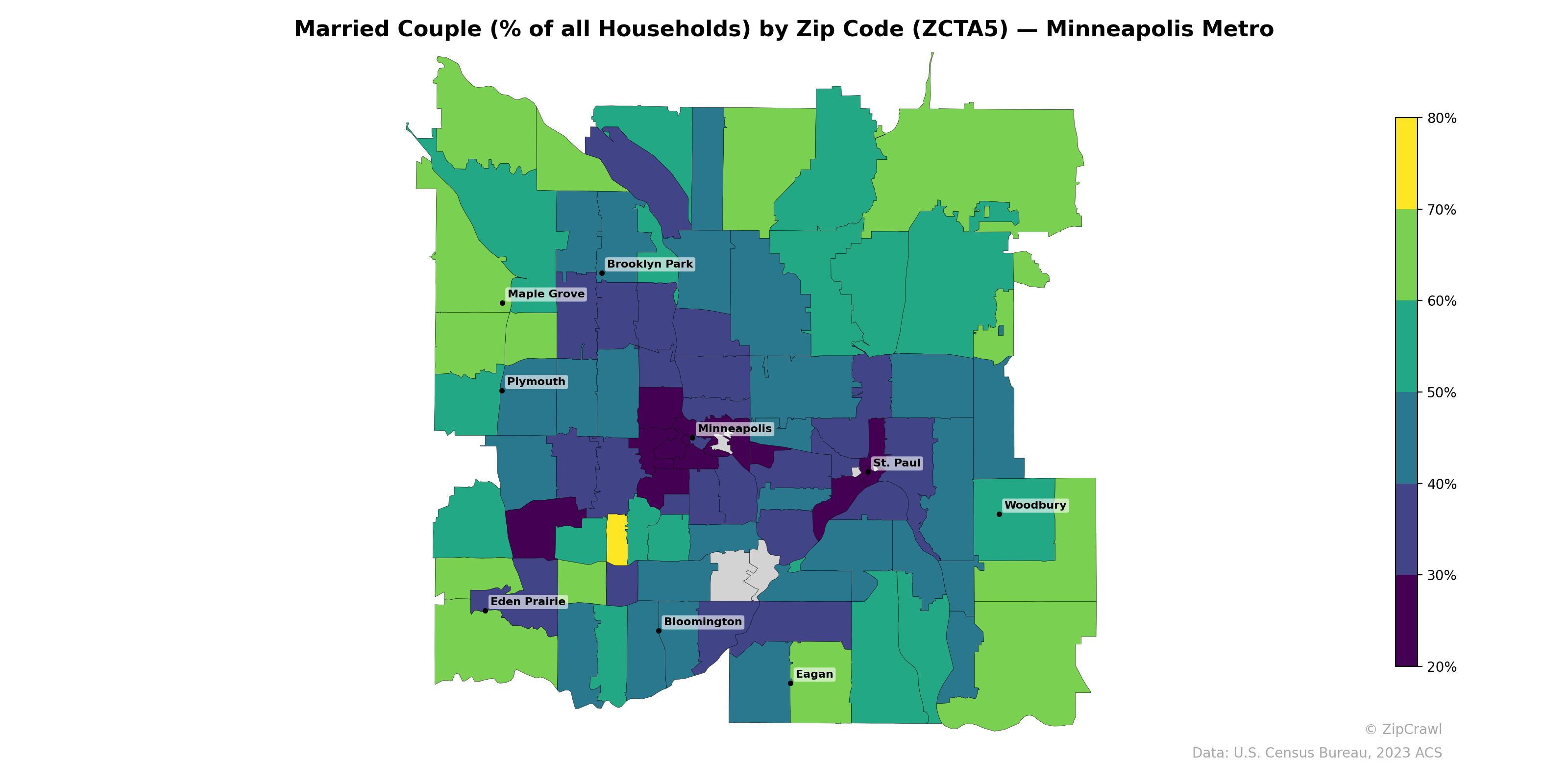 Married Couple (% of all Households) by Zip Code (ZCTA5) — Minneapolis Metro