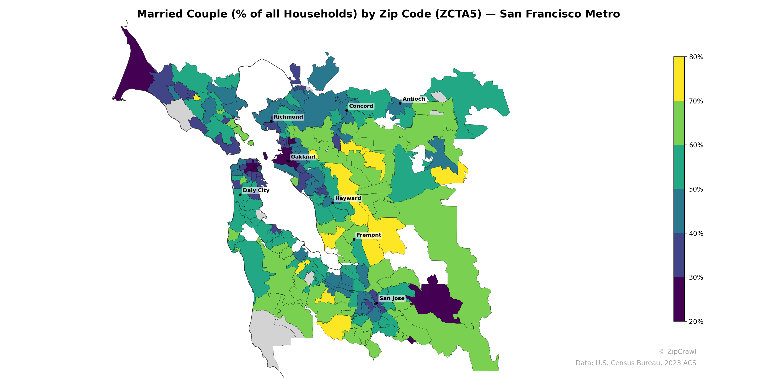 Married Couple (% of all Households) by Zip Code (ZCTA5) — San Francisco Metro