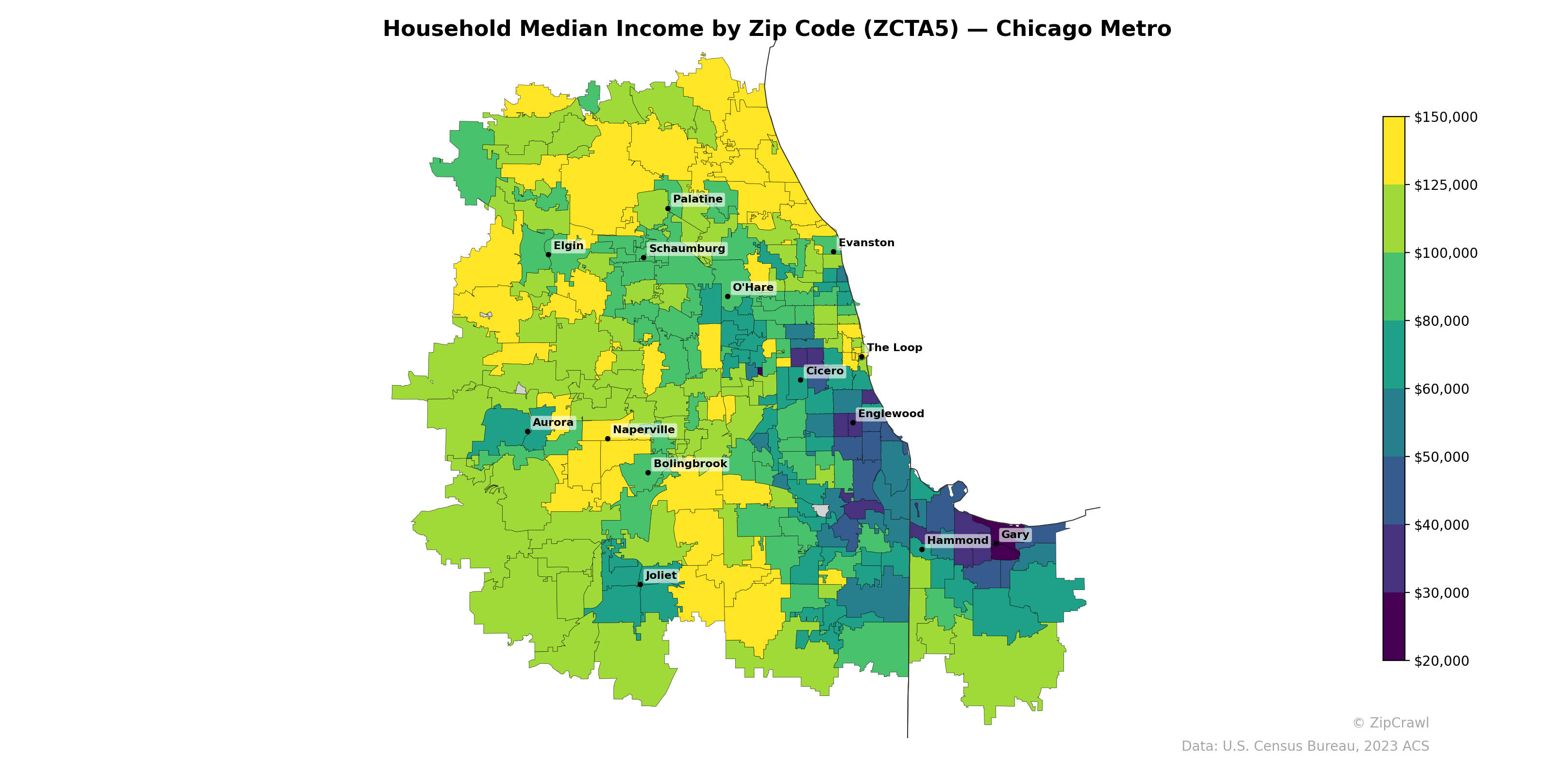 Household Median Income by Zip Code (ZCTA5) — Chicago Metro