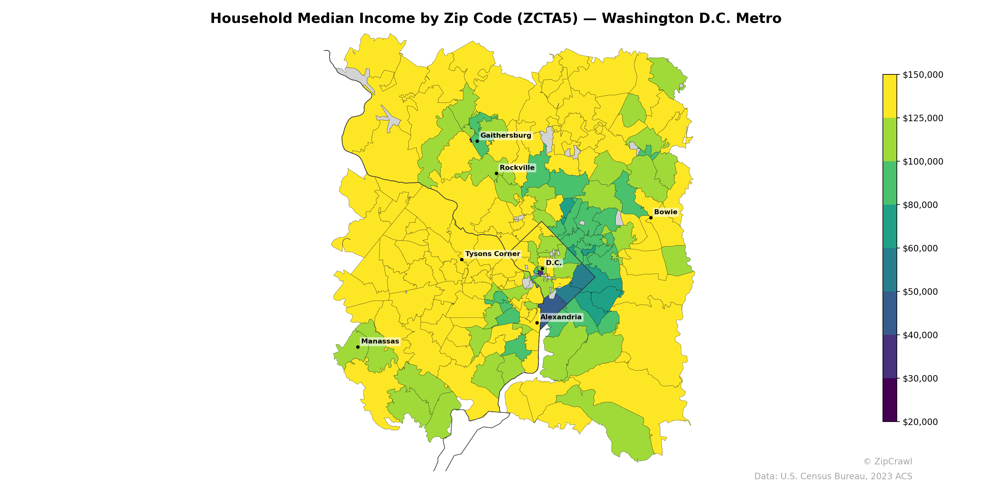 Household Median Income by Zip Code (ZCTA5) — Washington D.C. Metro
