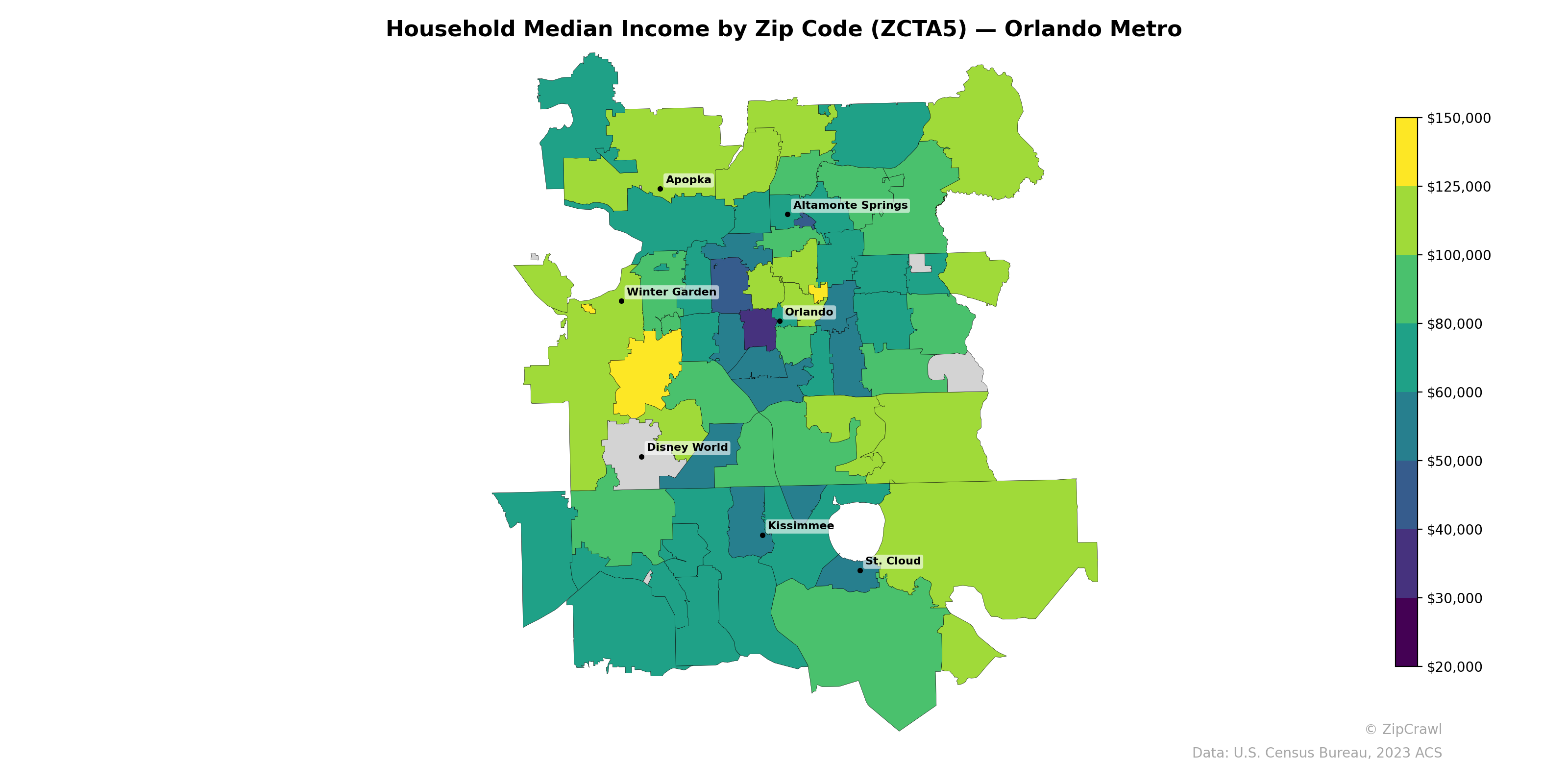 Household Median Income by Zip Code (ZCTA5) — Orlando Metro
