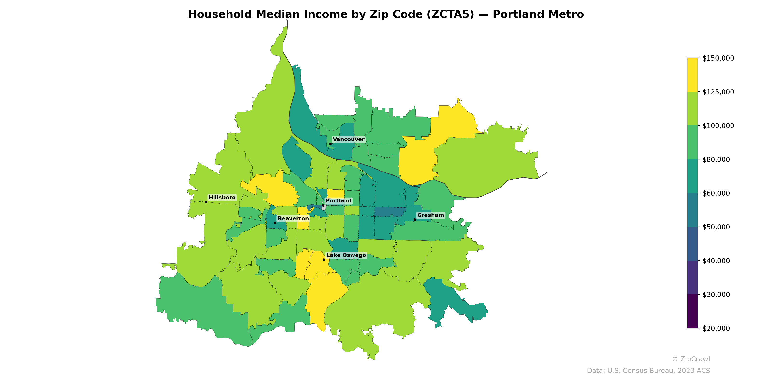 Household Median Income by Zip Code (ZCTA5) — Portland Metro