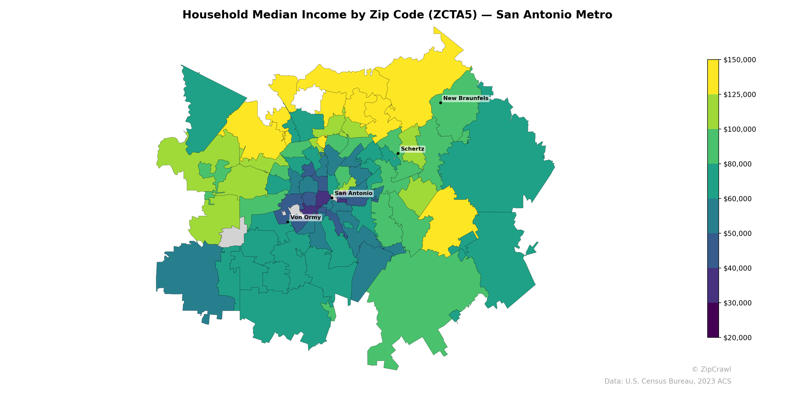 Household Median Income by Zip Code (ZCTA5) — San Antonio Metro