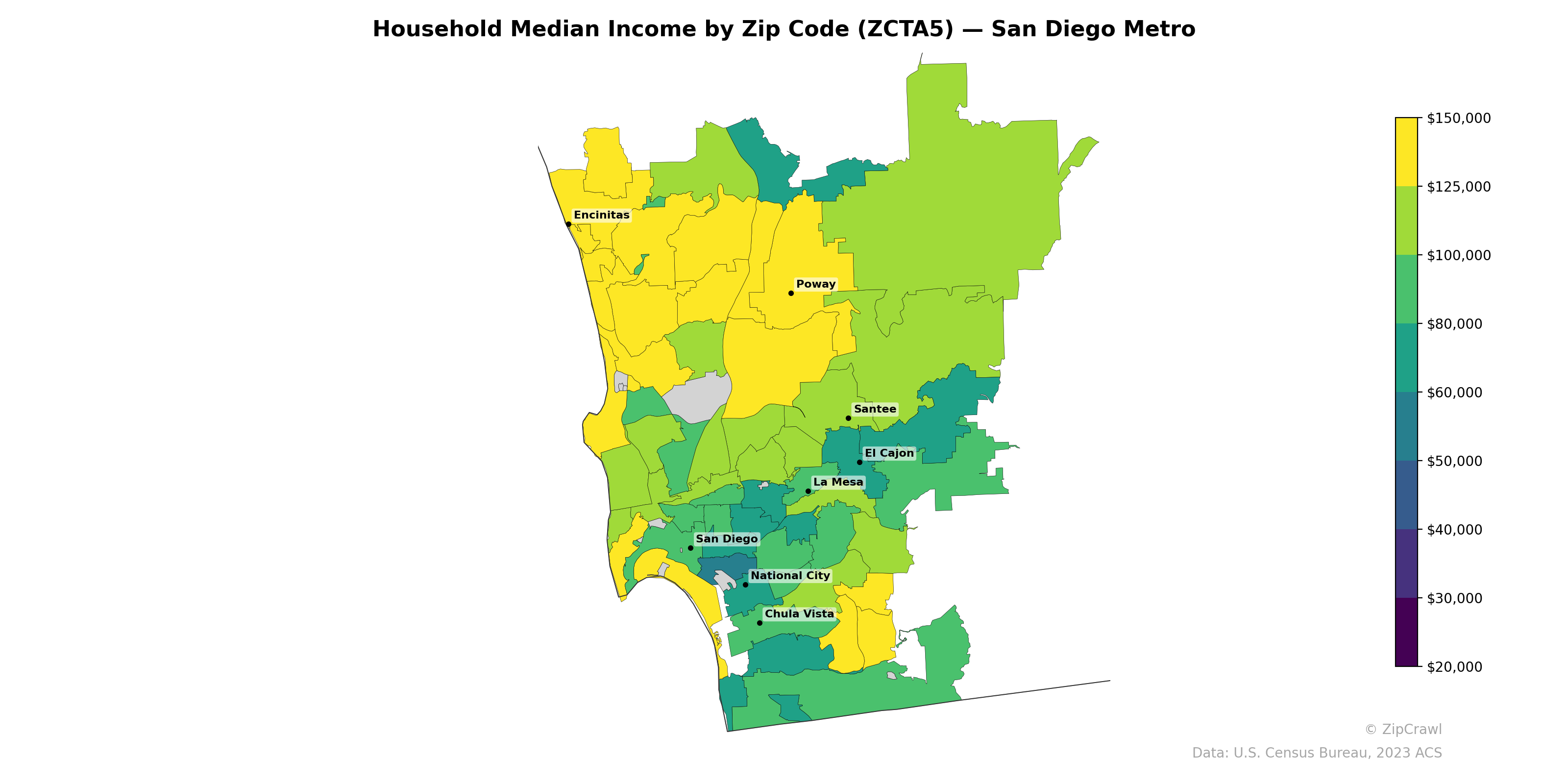 Household Median Income by Zip Code (ZCTA5) — San Diego Metro