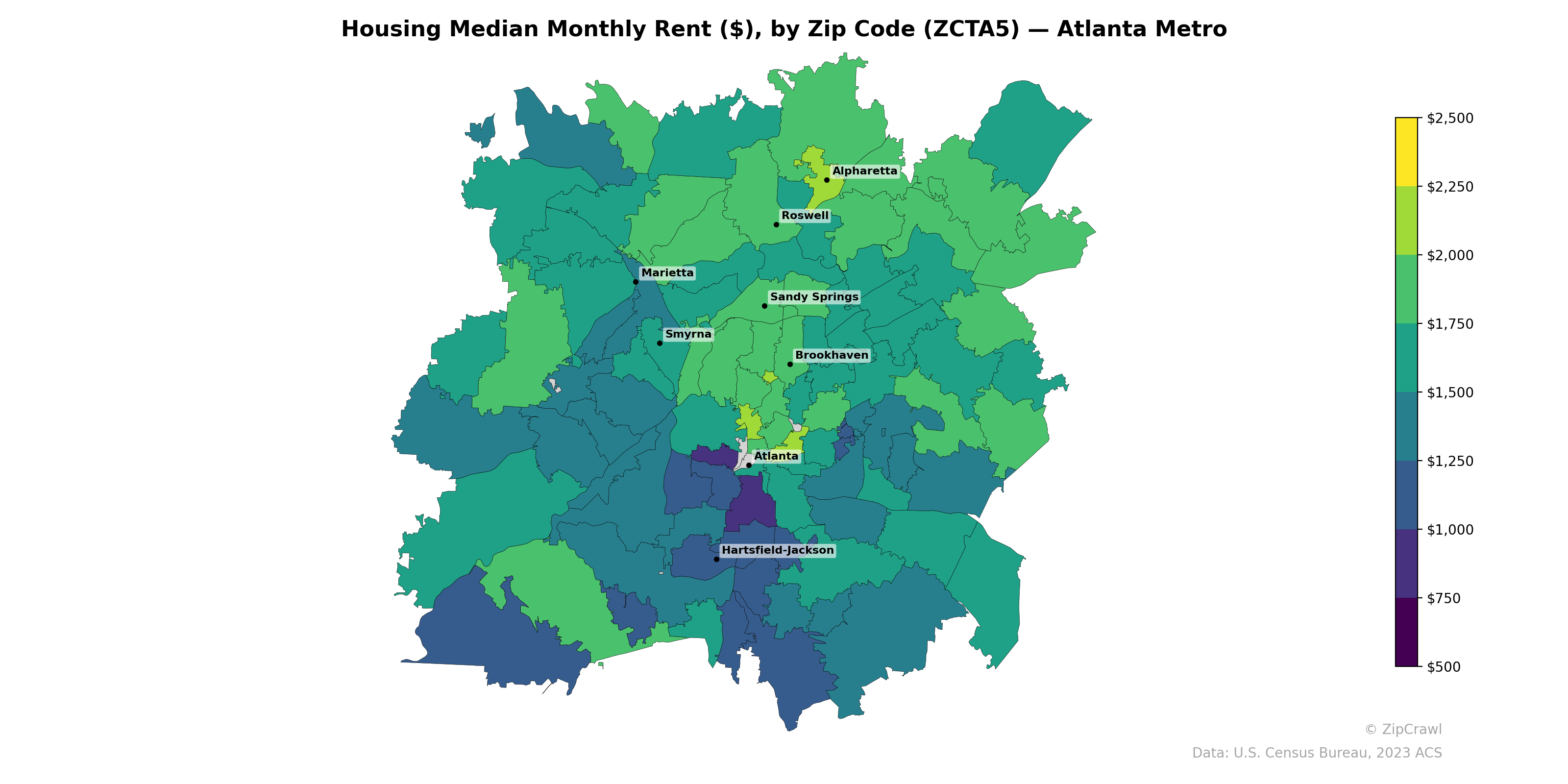 Housing Median Monthly Rent ($), by Zip Code (ZCTA5) — Atlanta Metro