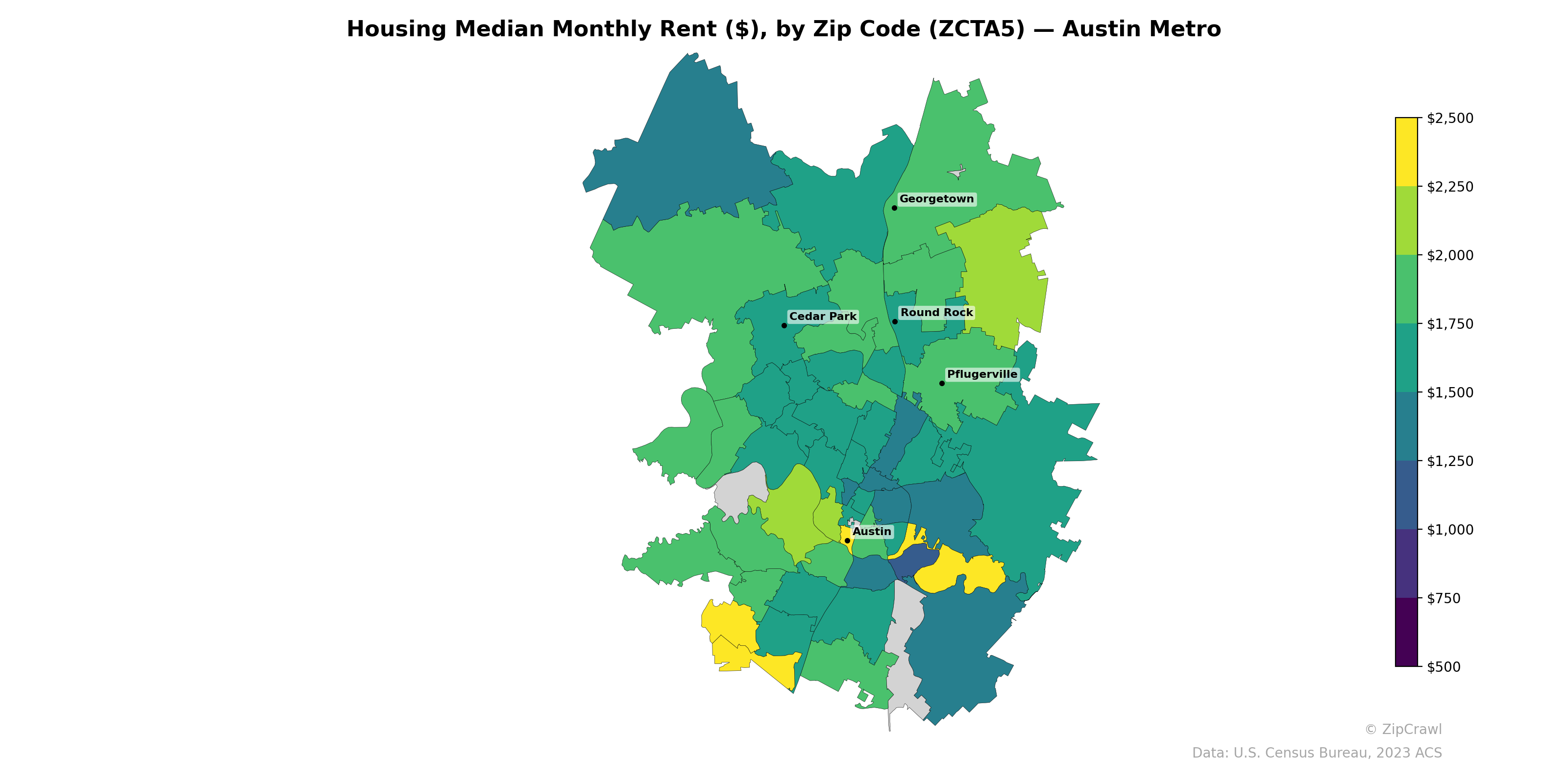 Housing Median Monthly Rent ($), by Zip Code (ZCTA5) — Austin Metro