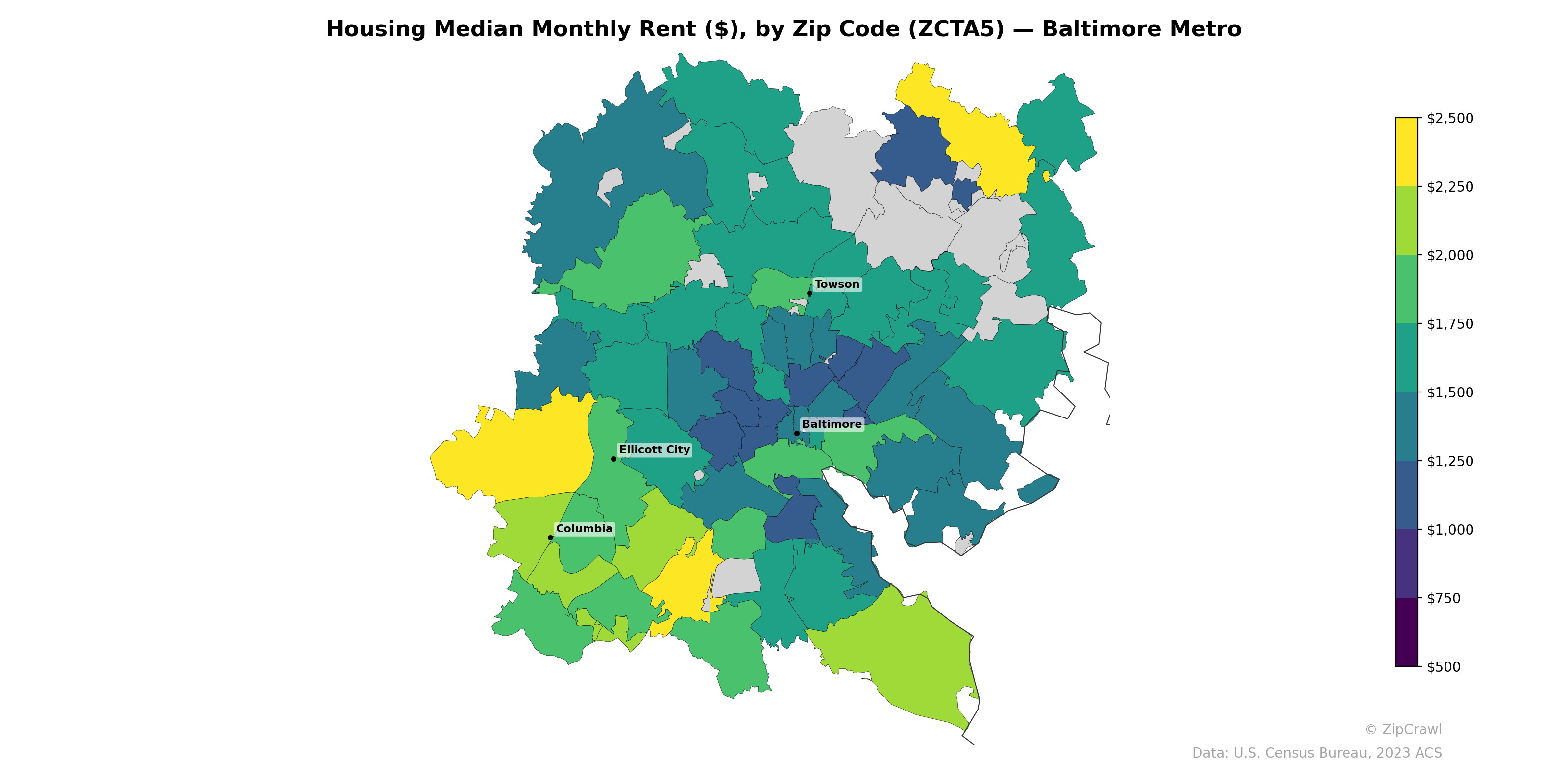 Housing Median Monthly Rent ($), by Zip Code (ZCTA5) — Baltimore Metro