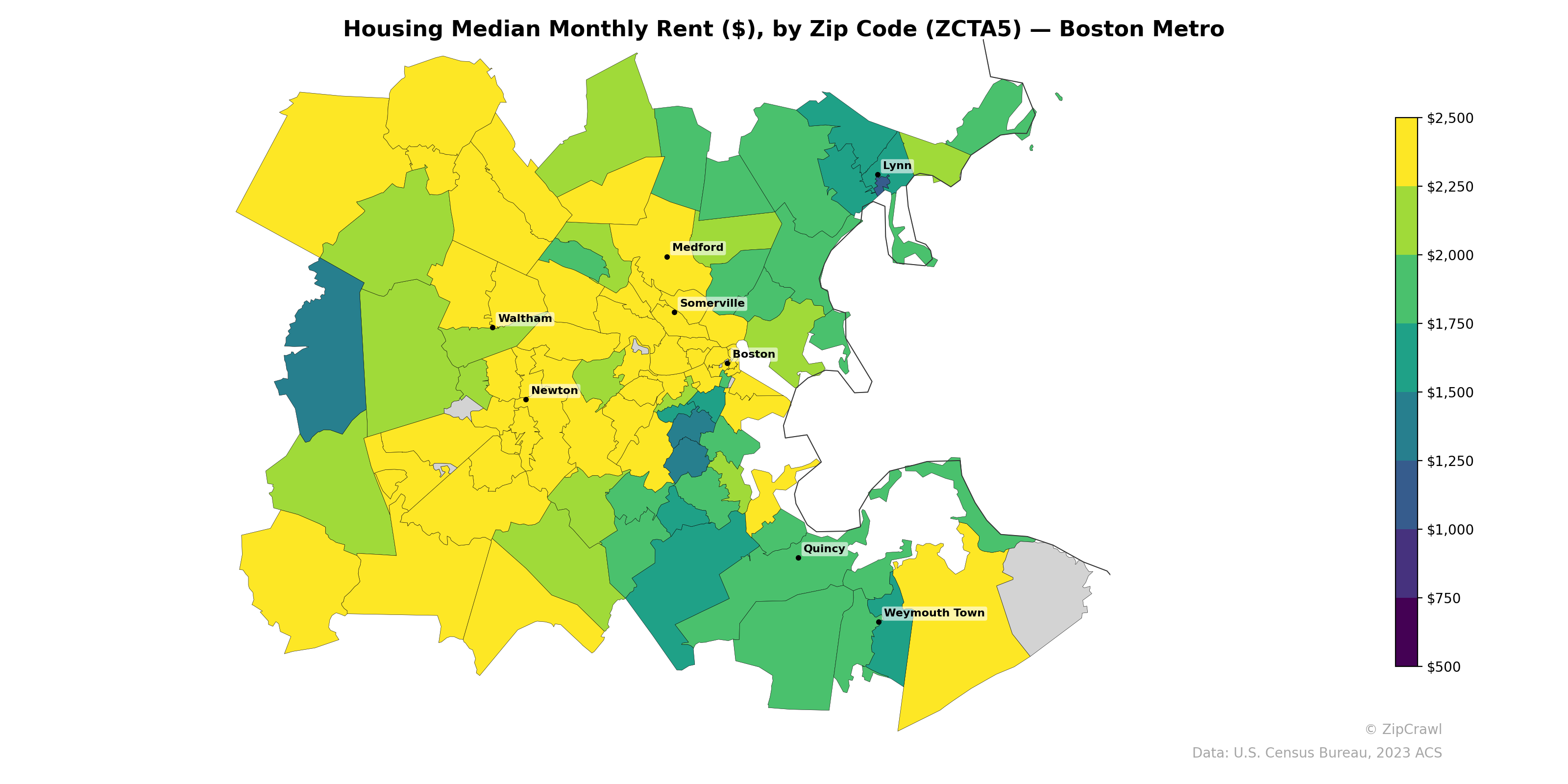 Housing Median Monthly Rent ($), by Zip Code (ZCTA5) — Boston Metro