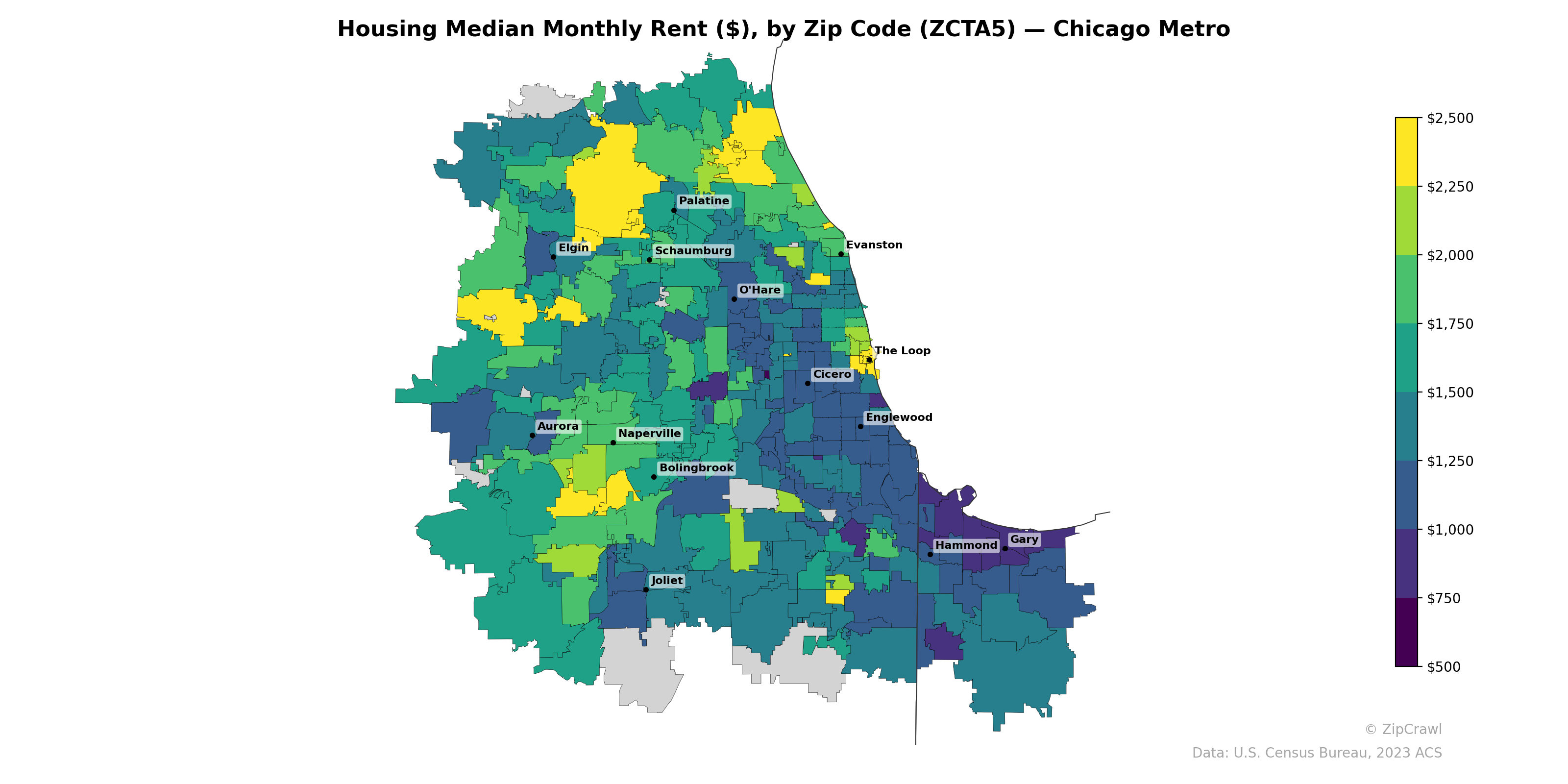 Housing Median Monthly Rent ($), by Zip Code (ZCTA5) — Chicago Metro