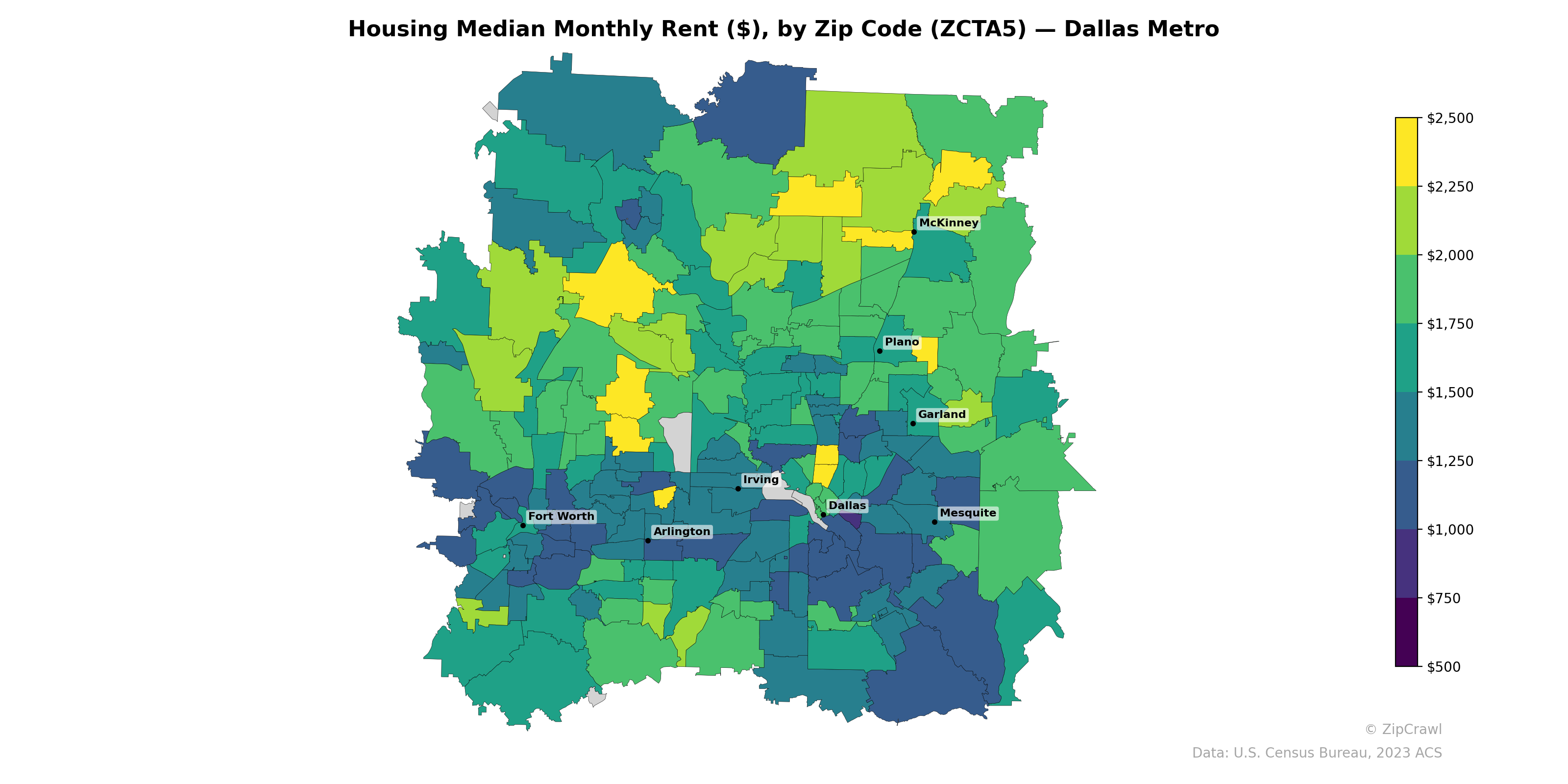 Housing Median Monthly Rent ($), by Zip Code (ZCTA5) — Dallas Metro