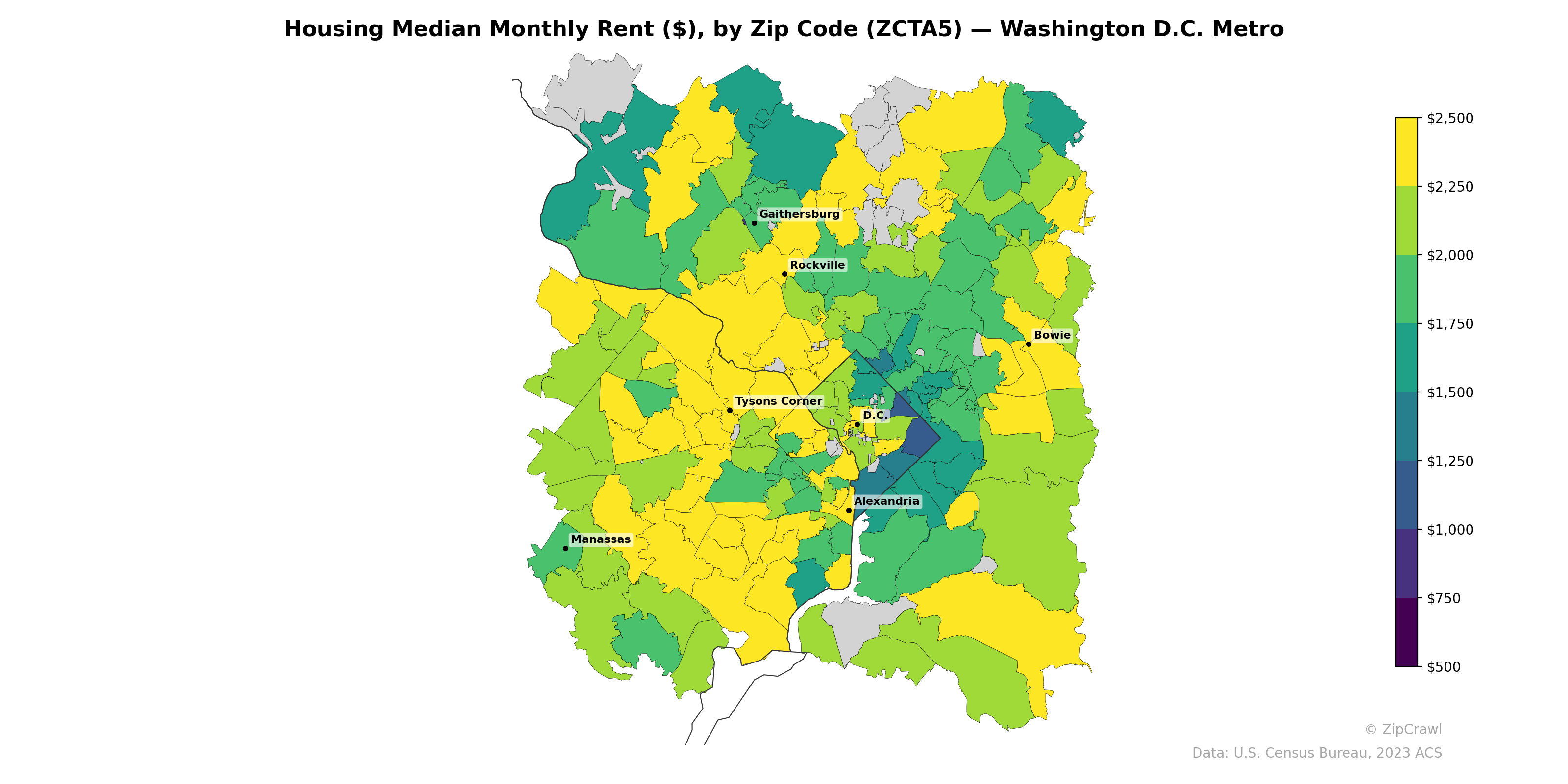 Housing Median Monthly Rent ($), by Zip Code (ZCTA5) — Washington D.C. Metro