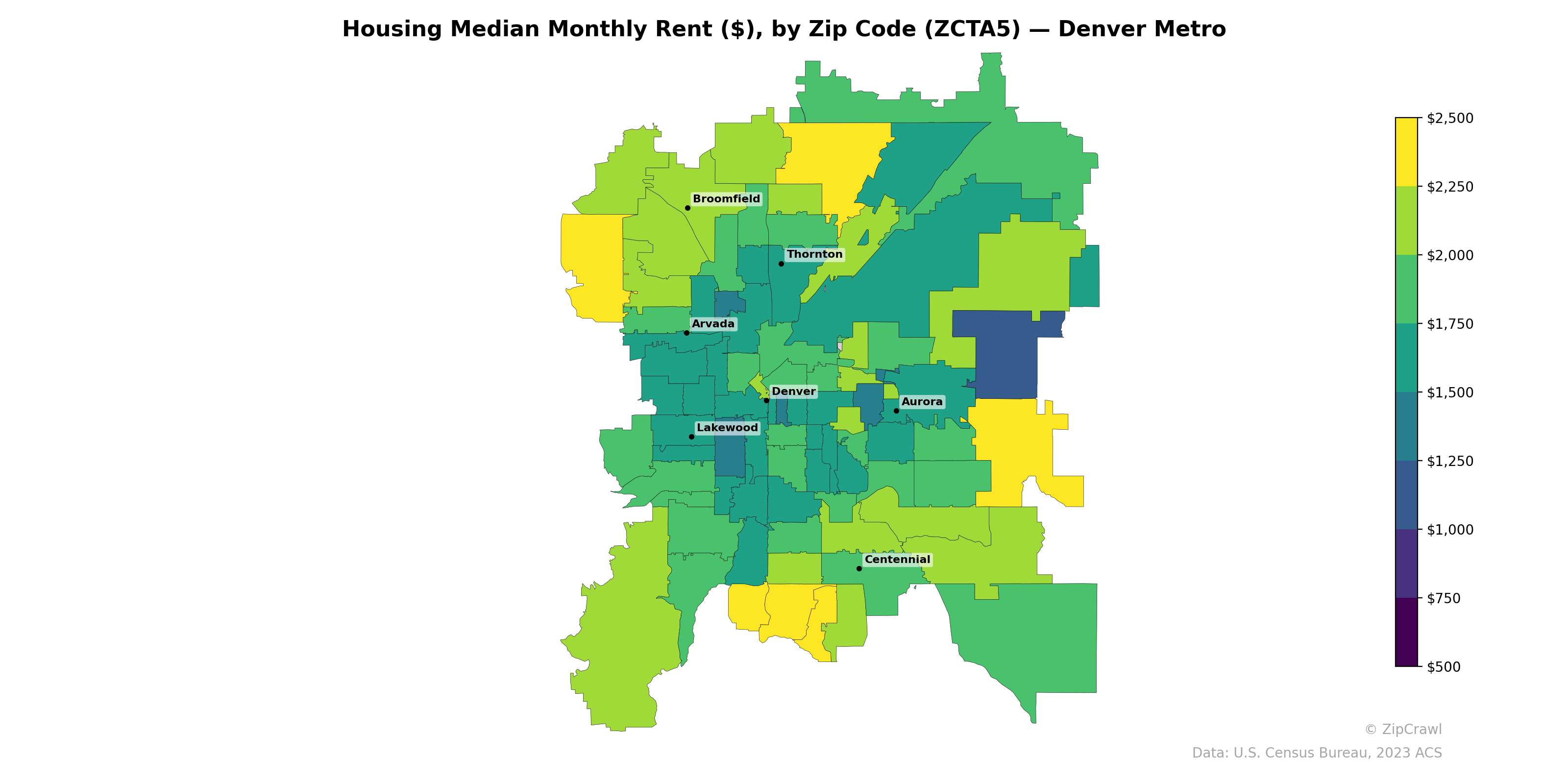 Housing Median Monthly Rent ($), by Zip Code (ZCTA5) — Denver Metro