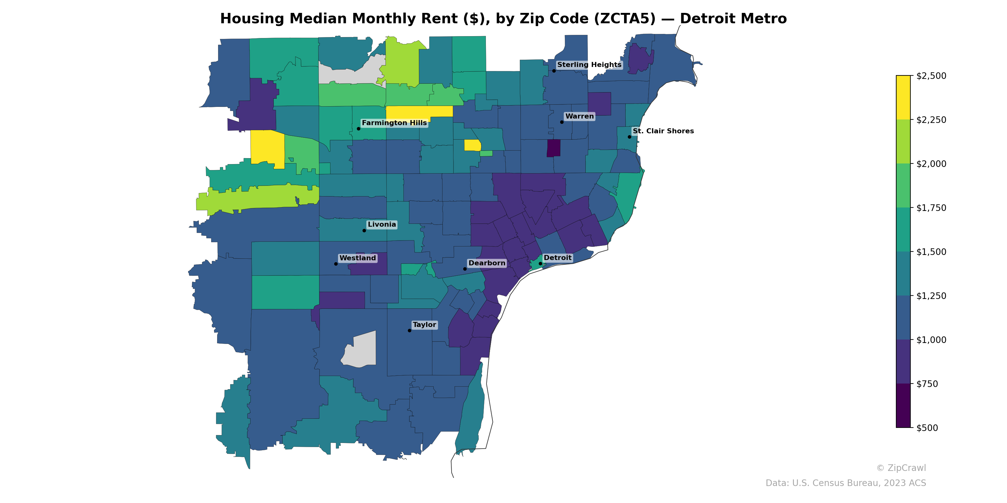 Housing Median Monthly Rent ($), by Zip Code (ZCTA5) — Detroit Metro