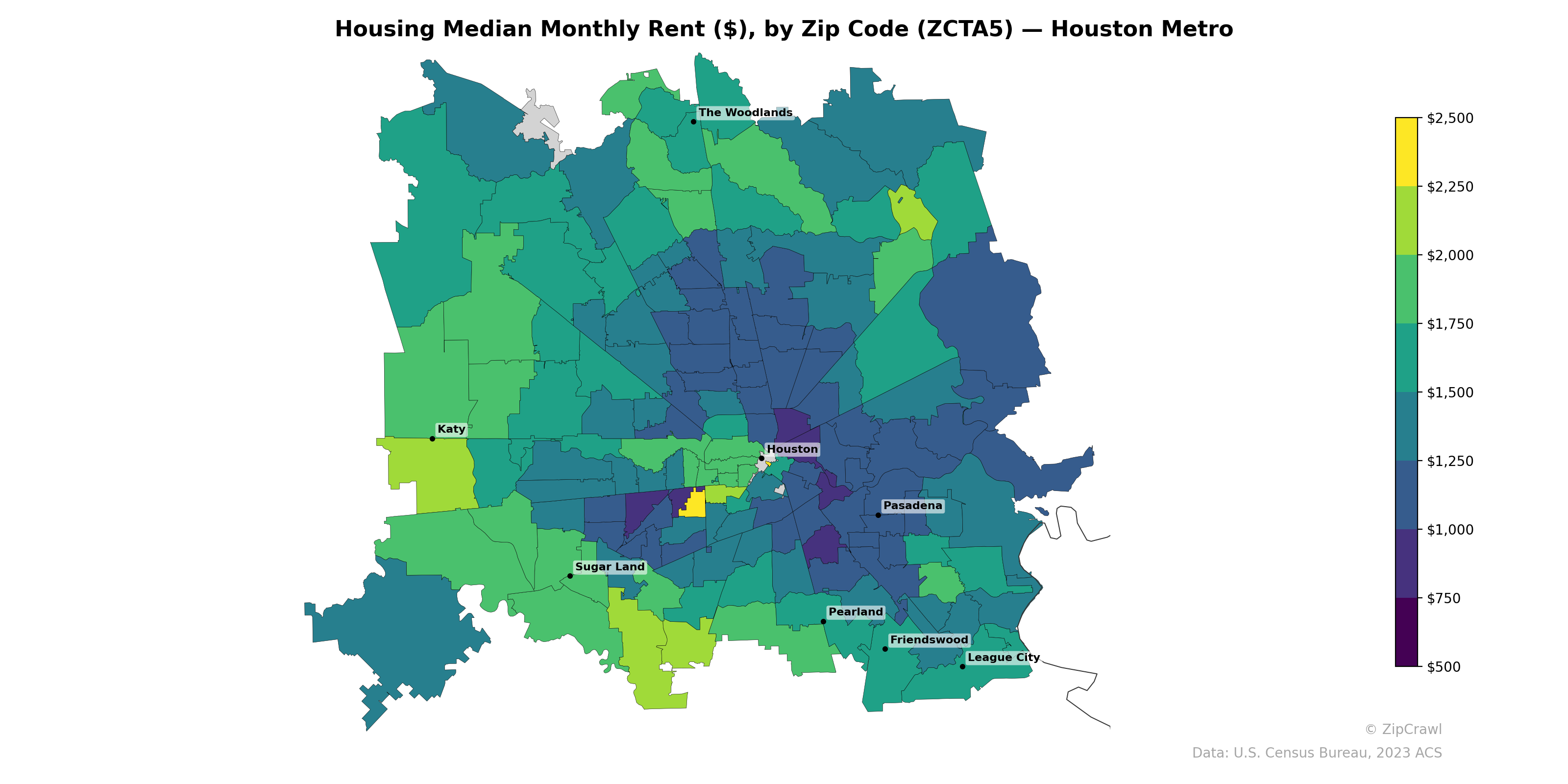 Housing Median Monthly Rent ($), by Zip Code (ZCTA5) — Houston Metro