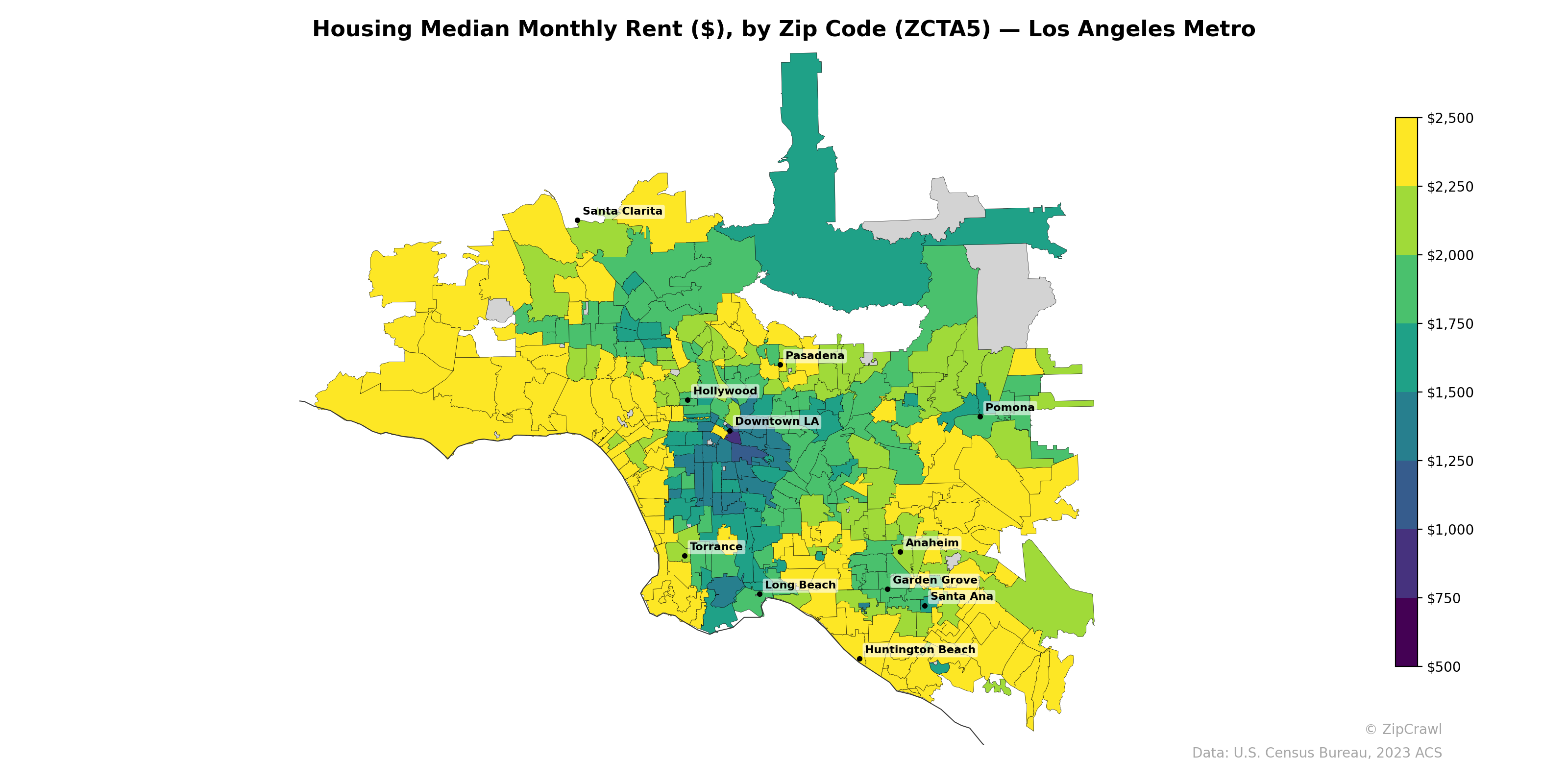 Housing Median Monthly Rent ($), by Zip Code (ZCTA5) — Los Angeles Metro