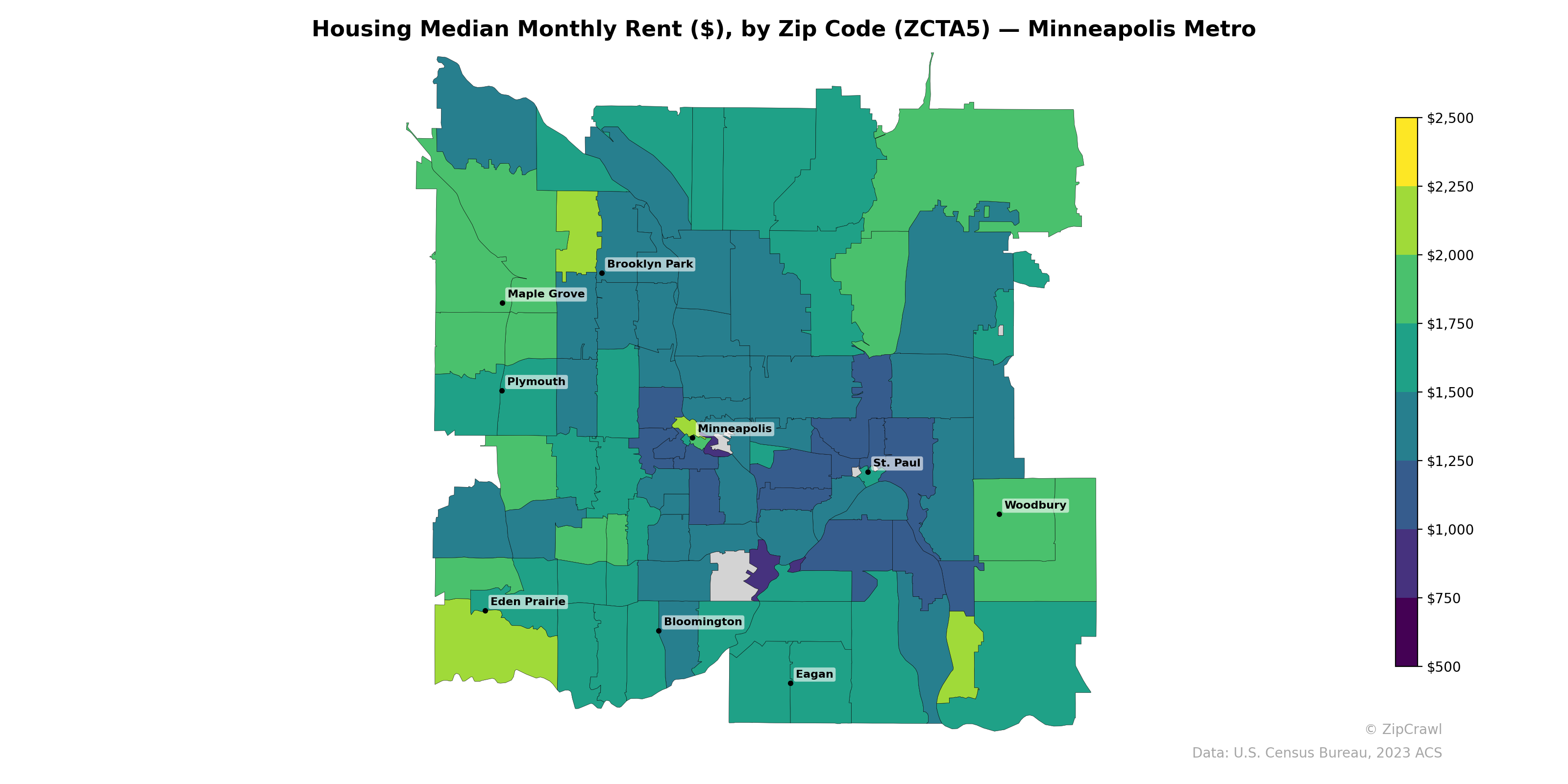 Housing Median Monthly Rent ($), by Zip Code (ZCTA5) — Minneapolis Metro