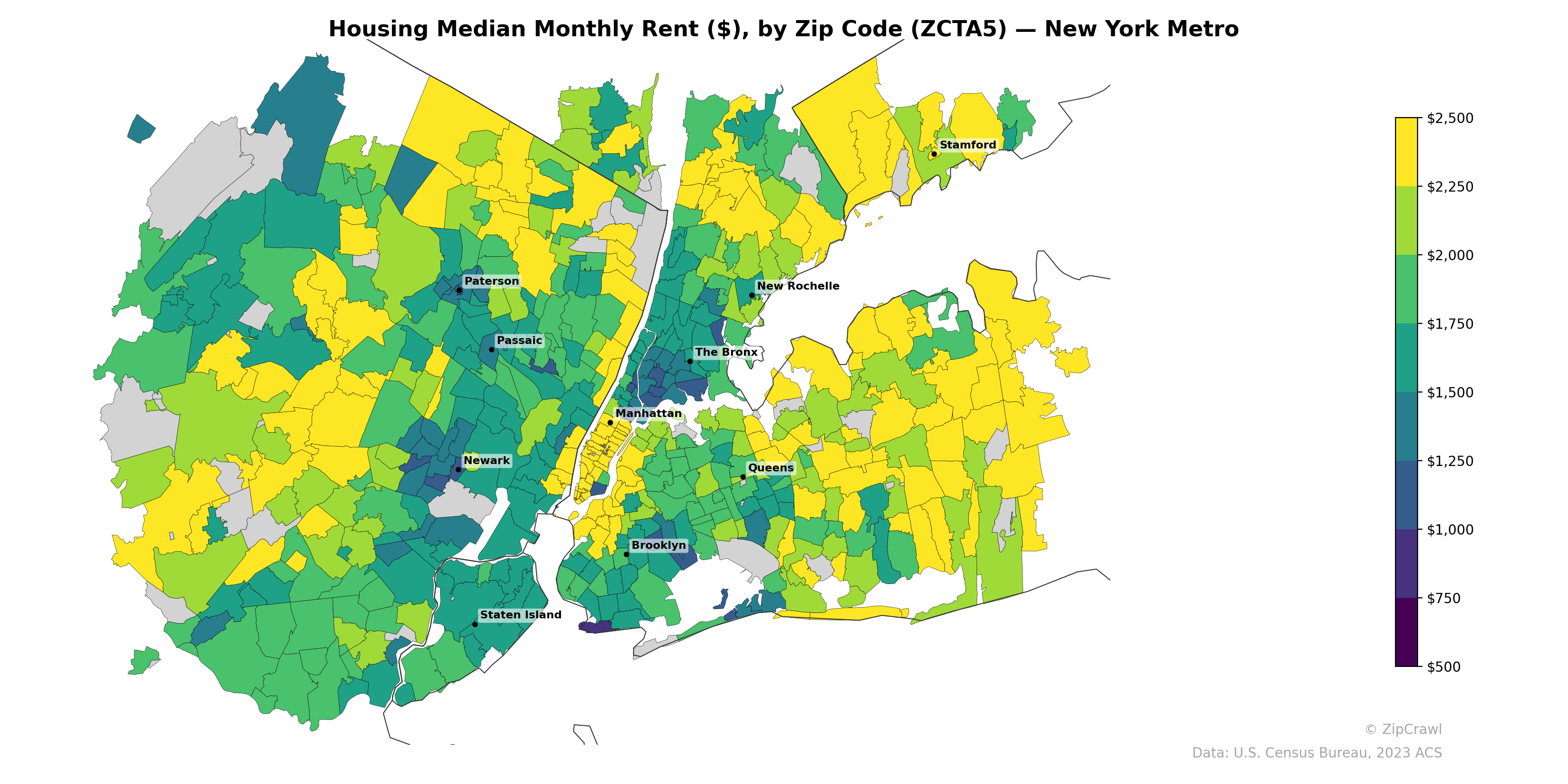 Housing Median Monthly Rent ($), by Zip Code (ZCTA5) — New York Metro