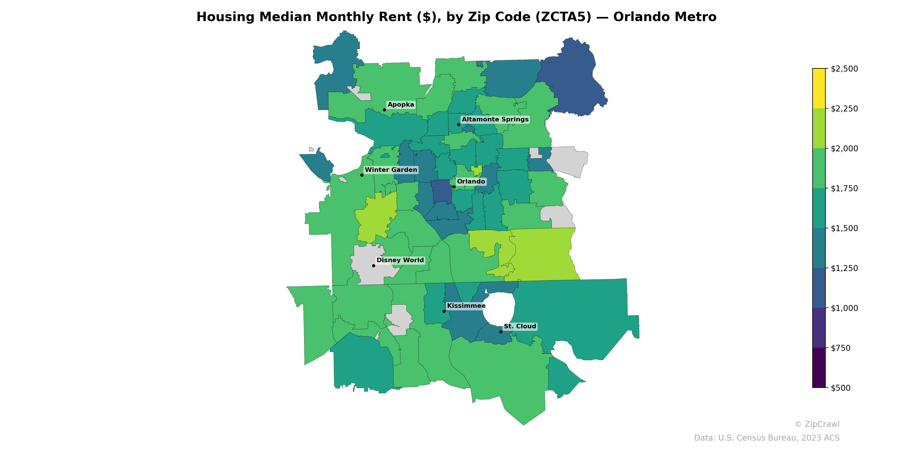 Housing Median Monthly Rent ($), by Zip Code (ZCTA5) — Orlando Metro