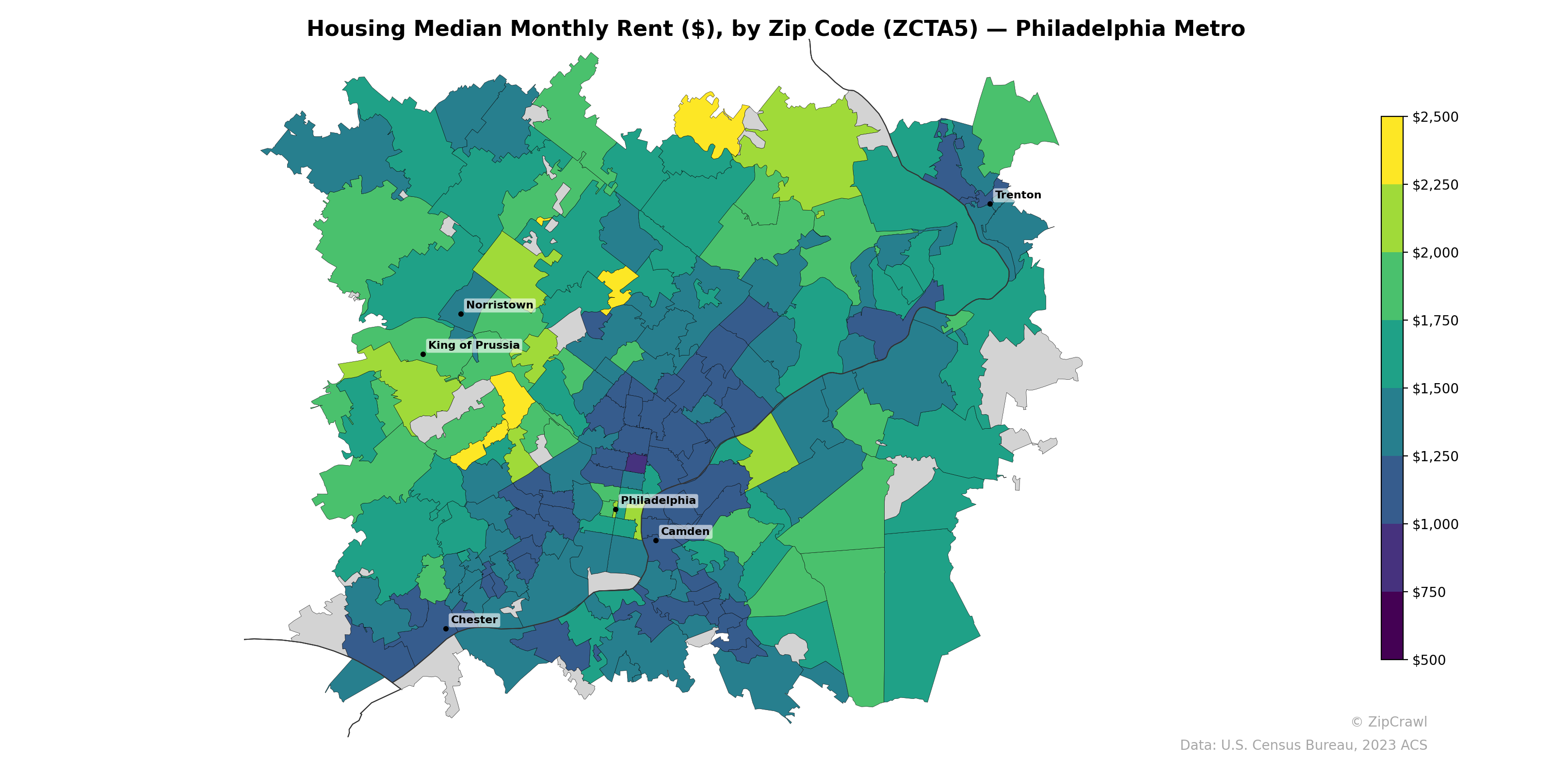 Housing Median Monthly Rent ($), by Zip Code (ZCTA5) — Philadelphia Metro
