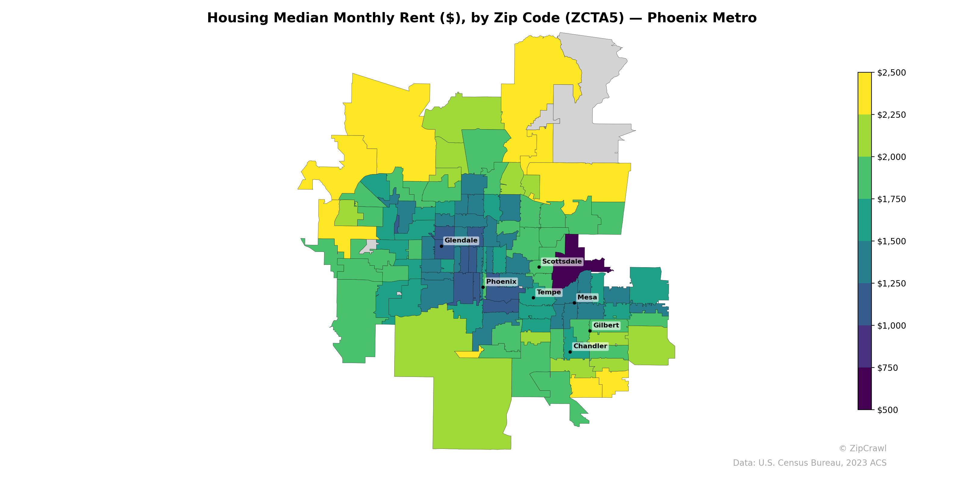Housing Median Monthly Rent ($), by Zip Code (ZCTA5) — Phoenix Metro