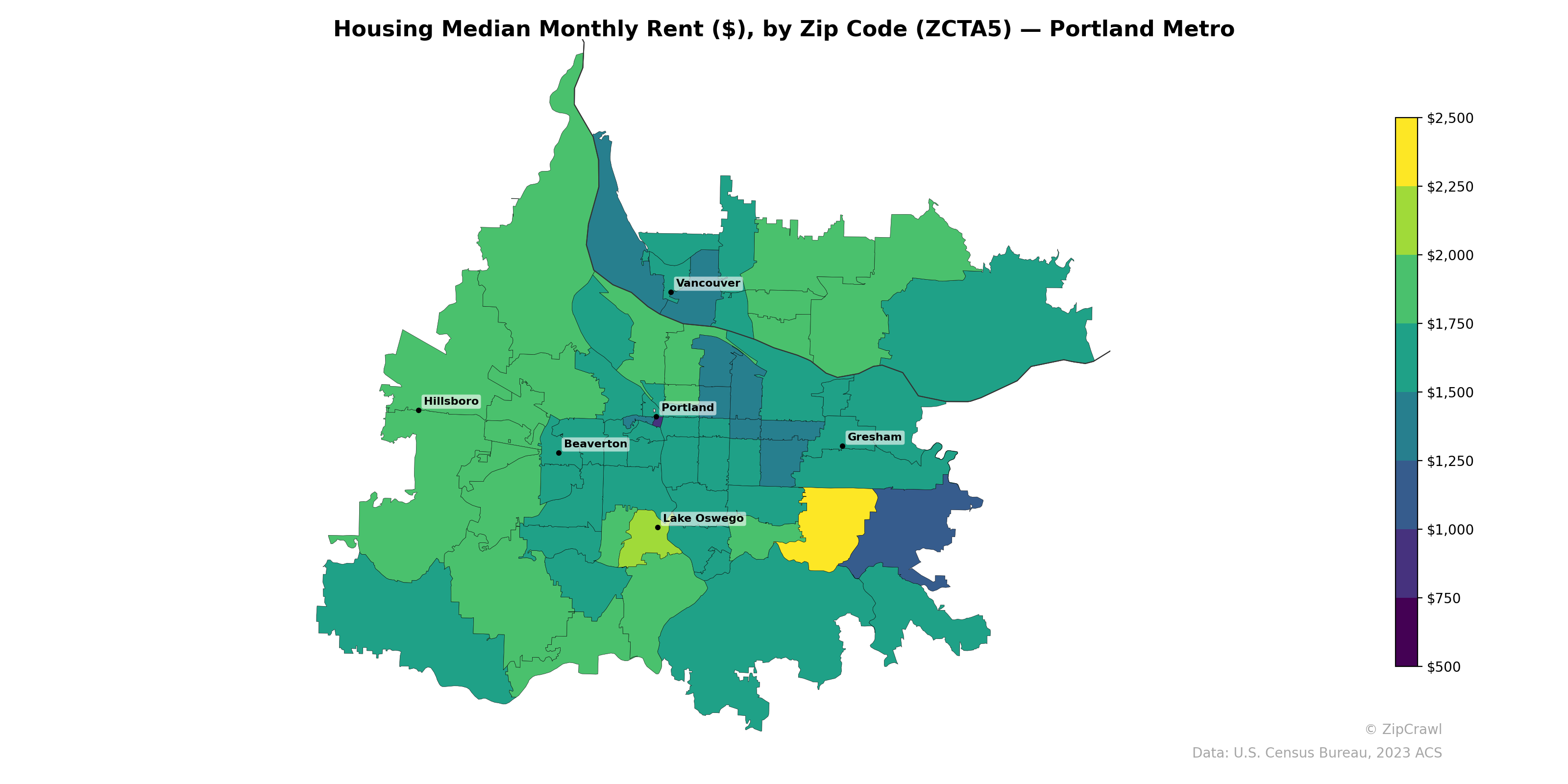 Housing Median Monthly Rent ($), by Zip Code (ZCTA5) — Portland Metro
