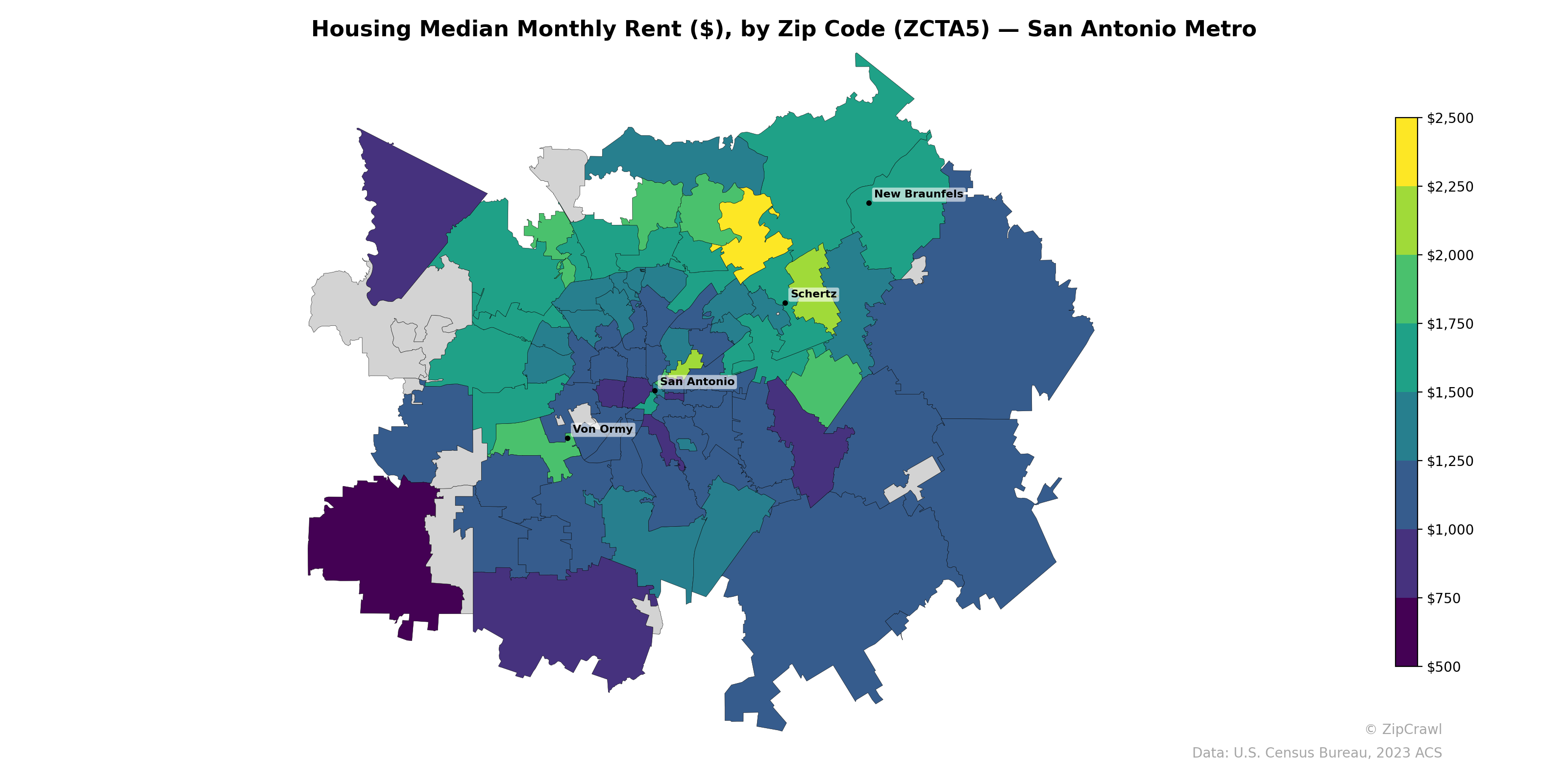 Housing Median Monthly Rent ($), by Zip Code (ZCTA5) — San Antonio Metro