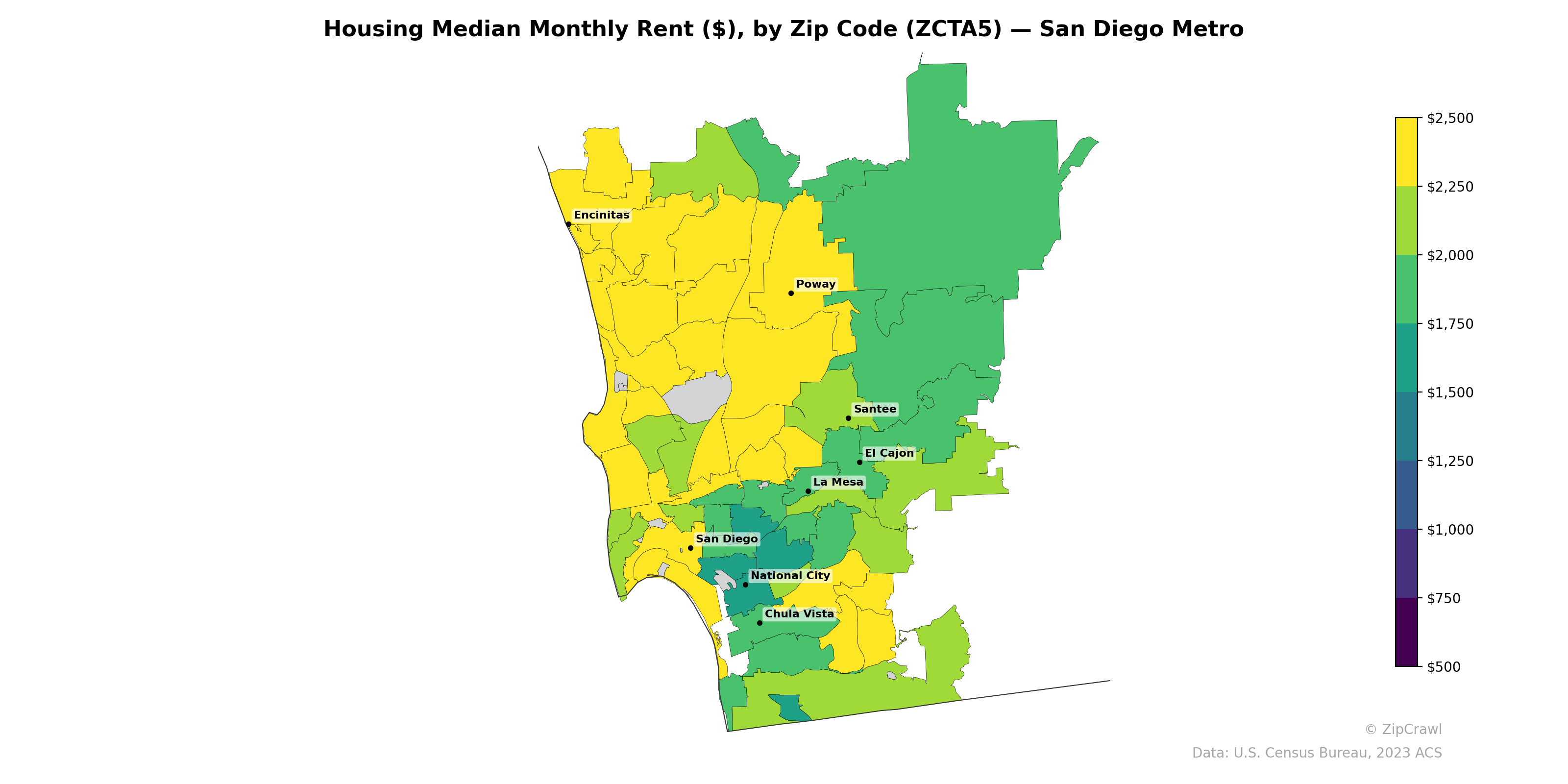 Housing Median Monthly Rent ($), by Zip Code (ZCTA5) — San Diego Metro