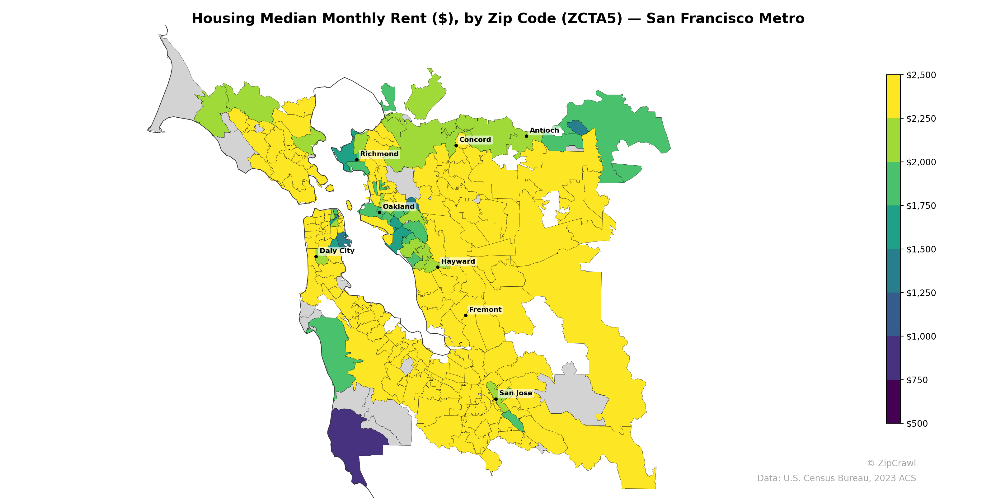 Housing Median Monthly Rent ($), by Zip Code (ZCTA5) — San Francisco Metro
