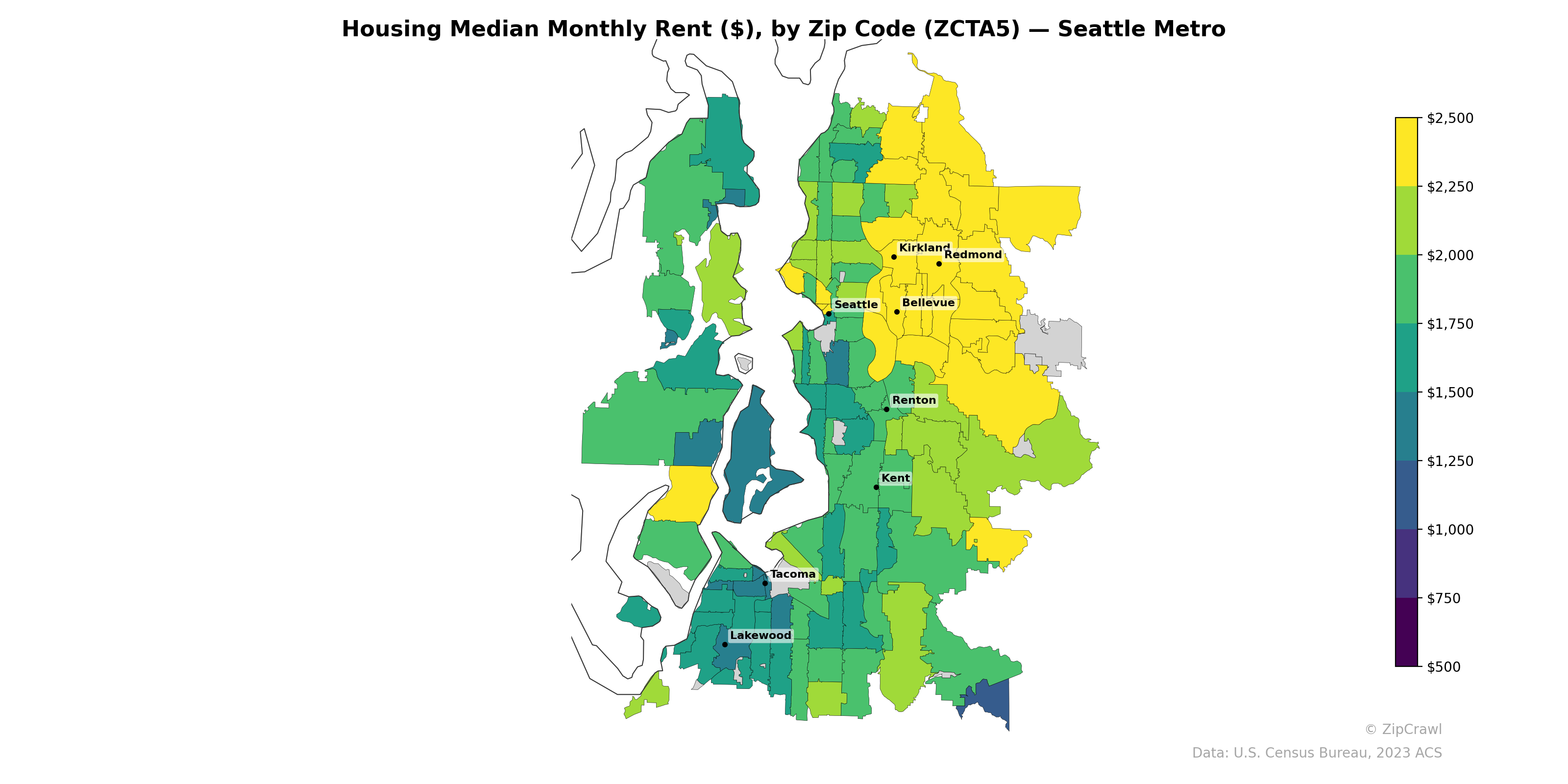 Housing Median Monthly Rent ($), by Zip Code (ZCTA5) — Seattle Metro