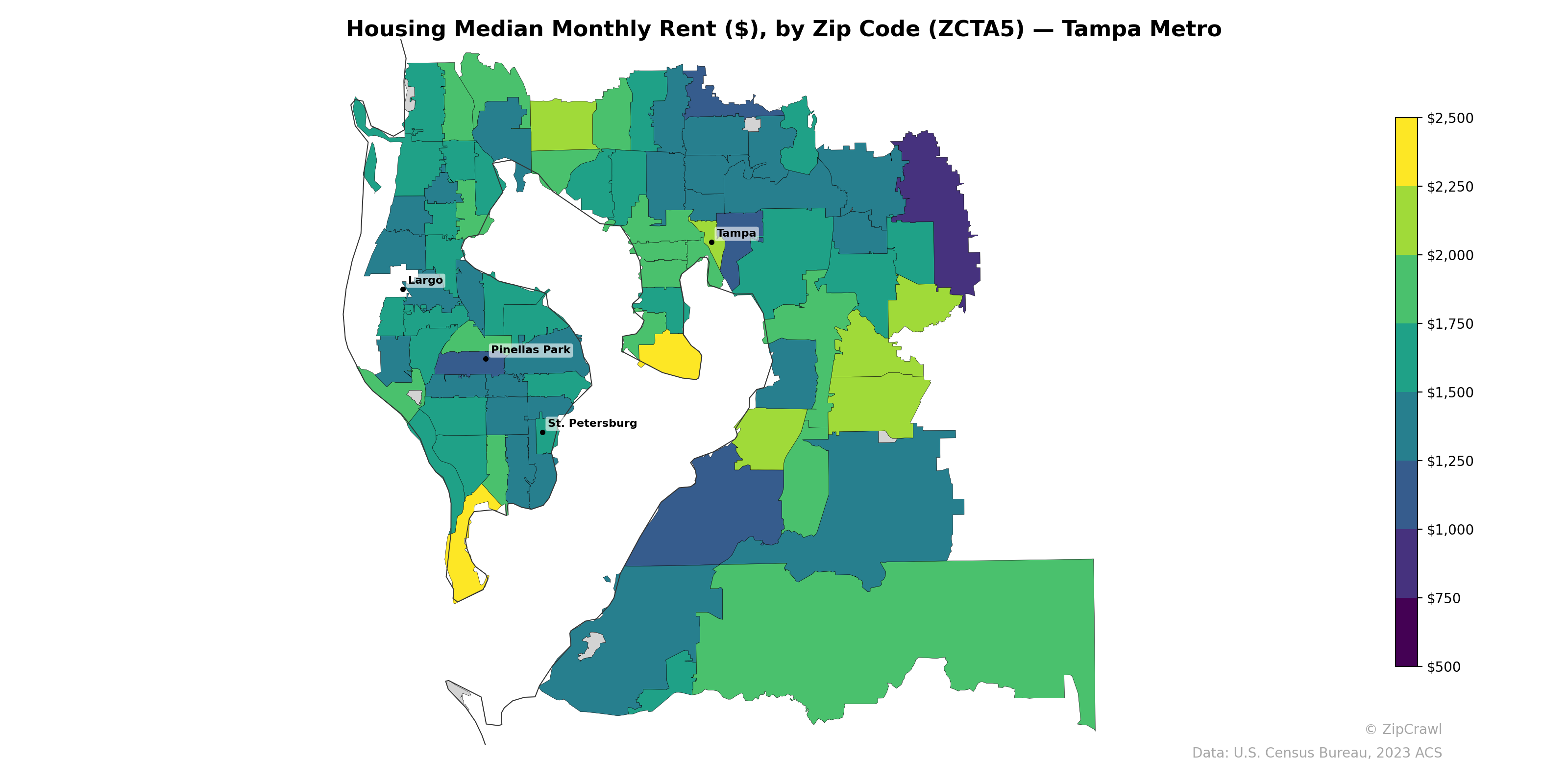 Housing Median Monthly Rent ($), by Zip Code (ZCTA5) — Tampa Metro