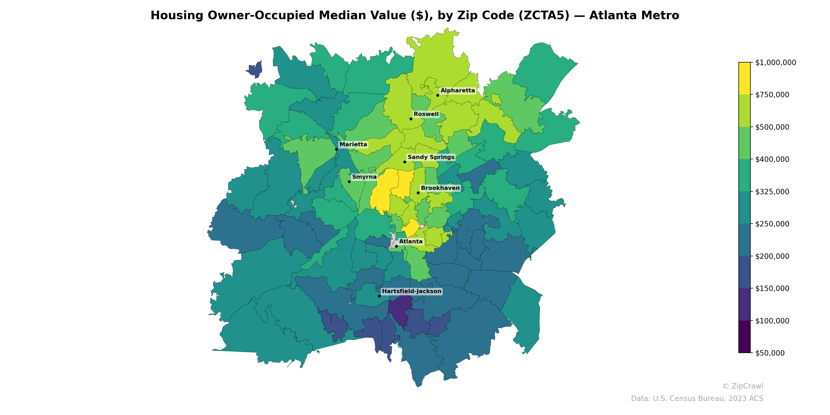 Housing Owner-Occupied Median Value ($), by Zip Code (ZCTA5) — Atlanta Metro