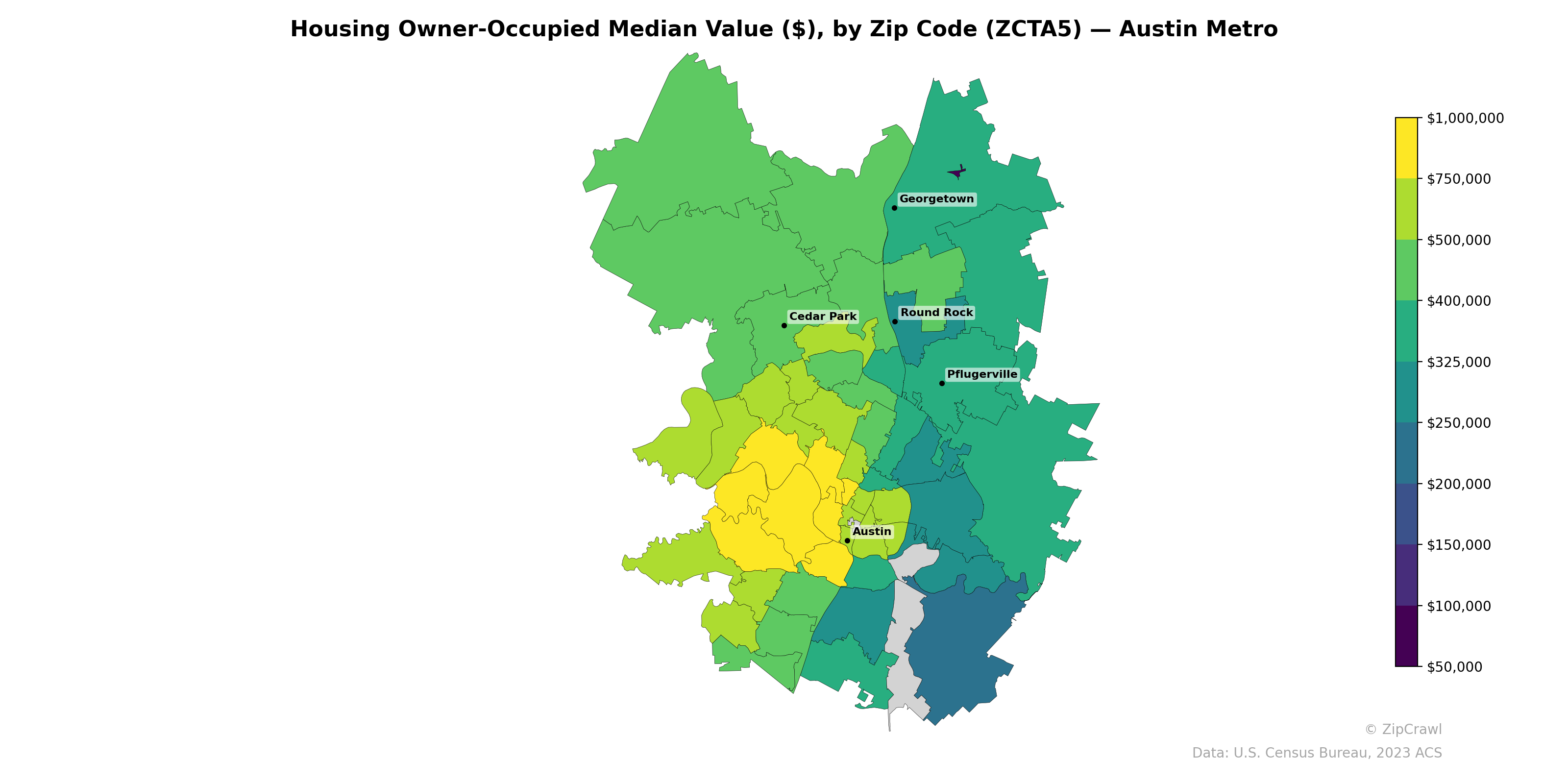 Housing Owner-Occupied Median Value ($), by Zip Code (ZCTA5) — Austin Metro