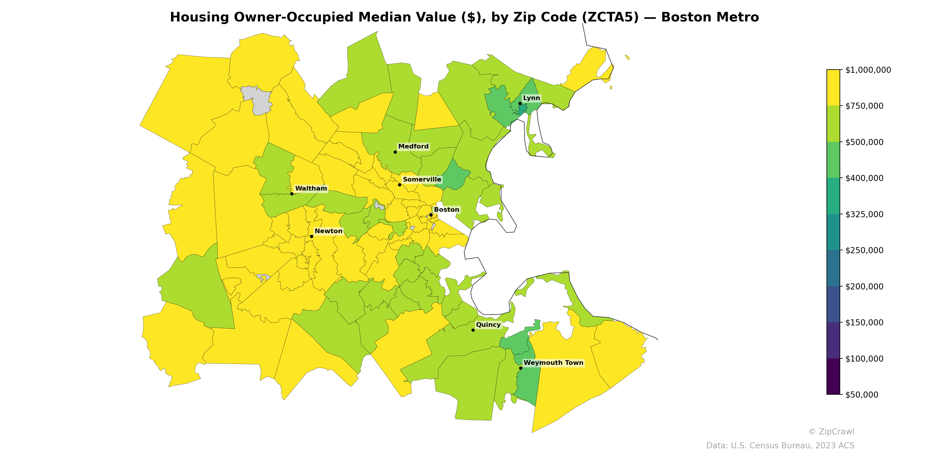 Housing Owner-Occupied Median Value ($), by Zip Code (ZCTA5) — Boston Metro
