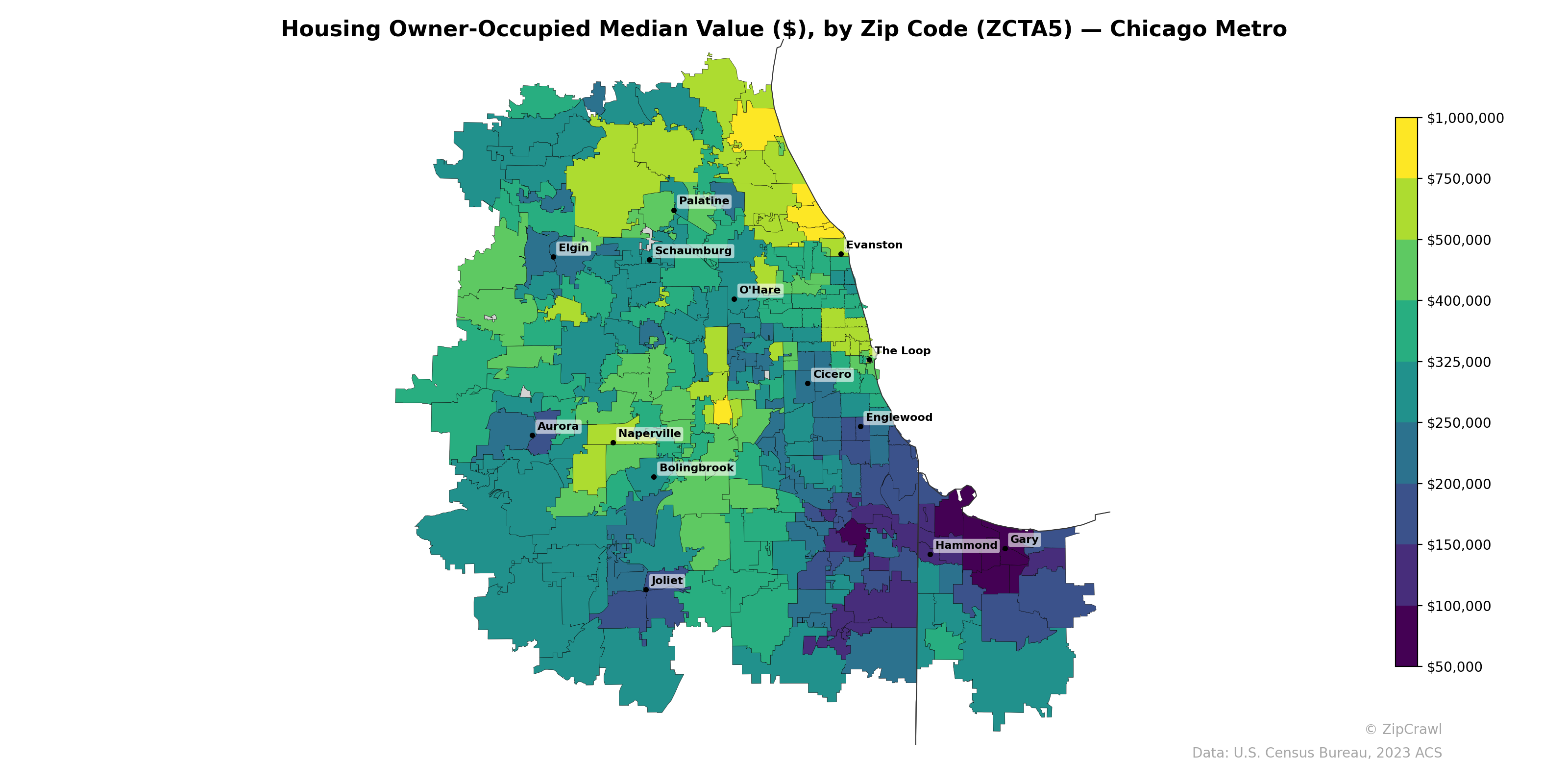 Housing Owner-Occupied Median Value ($), by Zip Code (ZCTA5) — Chicago Metro