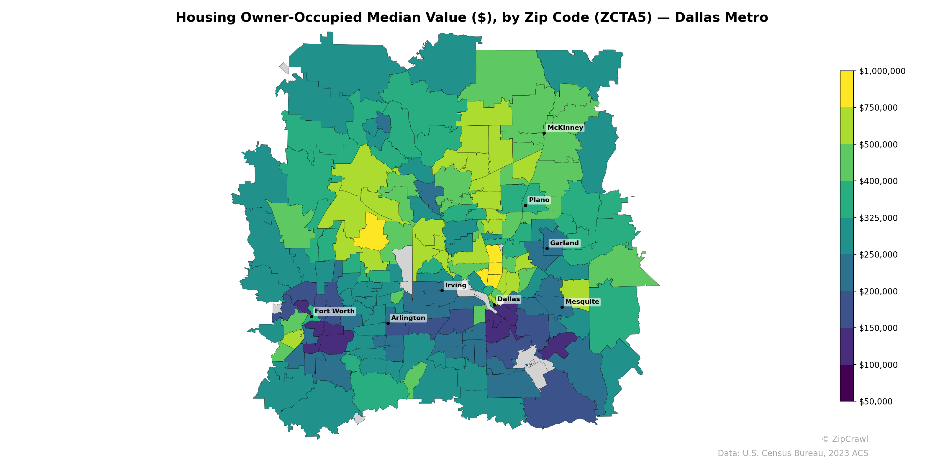 Housing Owner-Occupied Median Value ($), by Zip Code (ZCTA5) — Dallas Metro