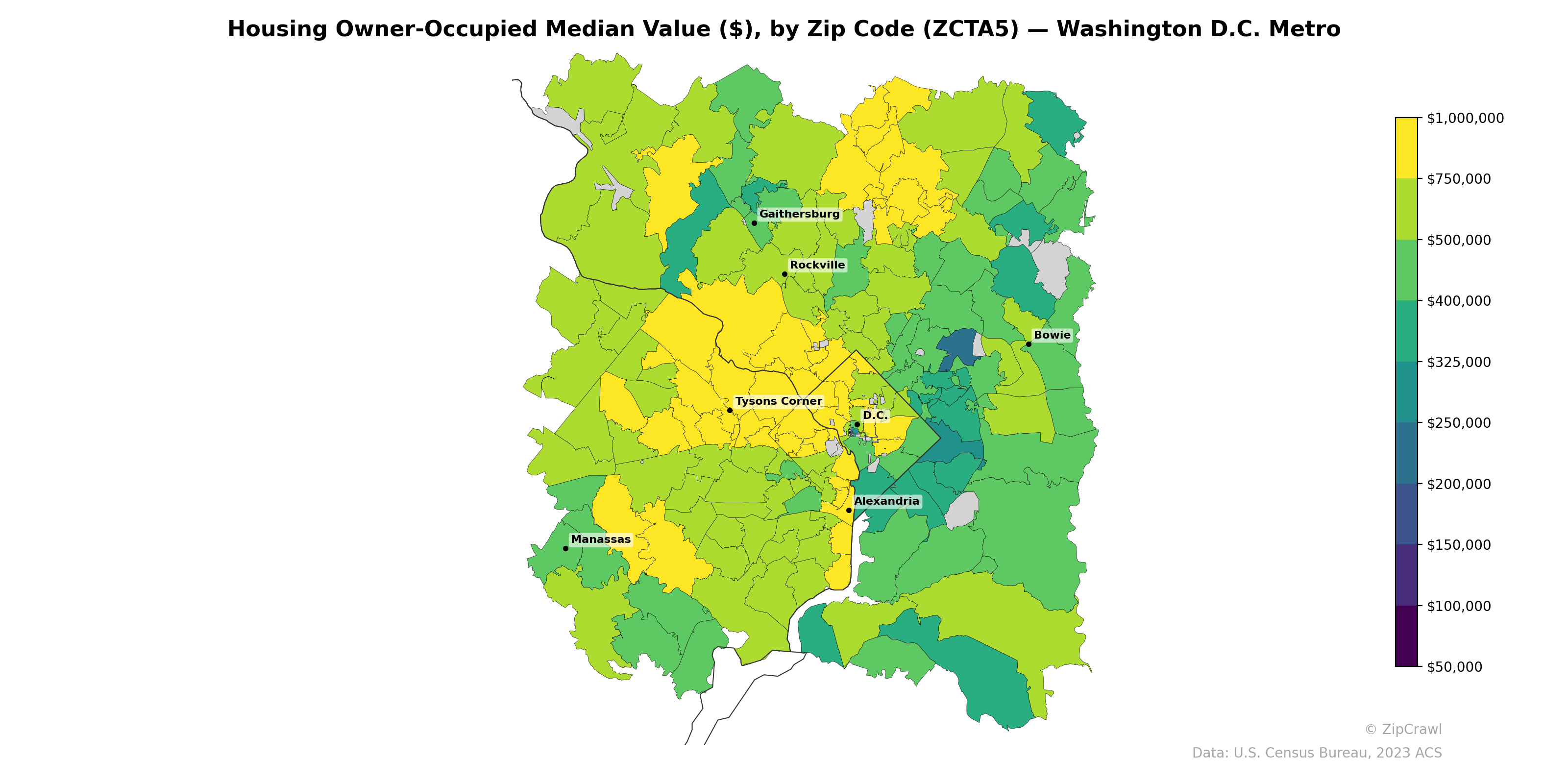 Housing Owner-Occupied Median Value ($), by Zip Code (ZCTA5) — Washington D.C. Metro
