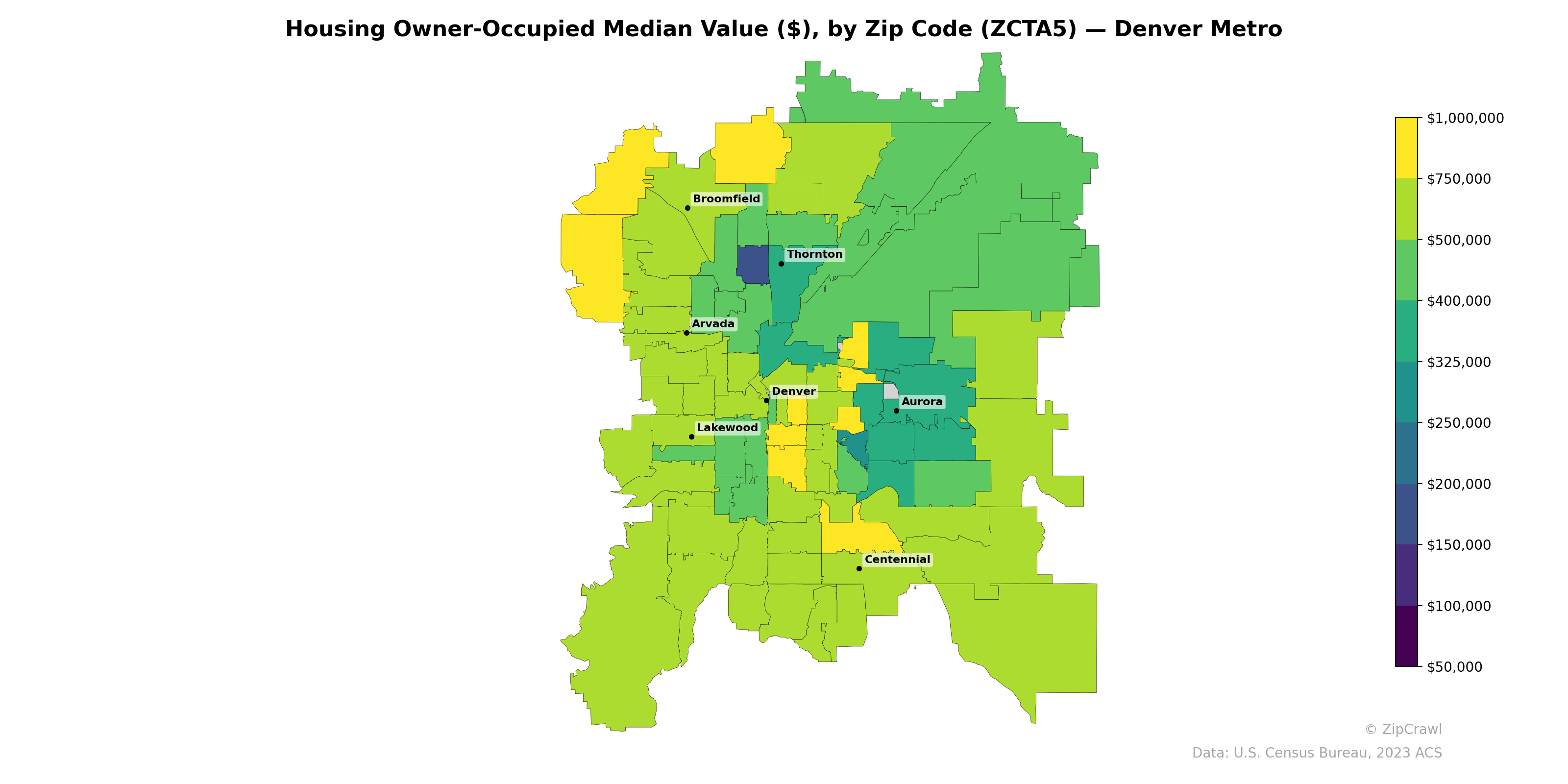Housing Owner-Occupied Median Value ($), by Zip Code (ZCTA5) — Denver Metro