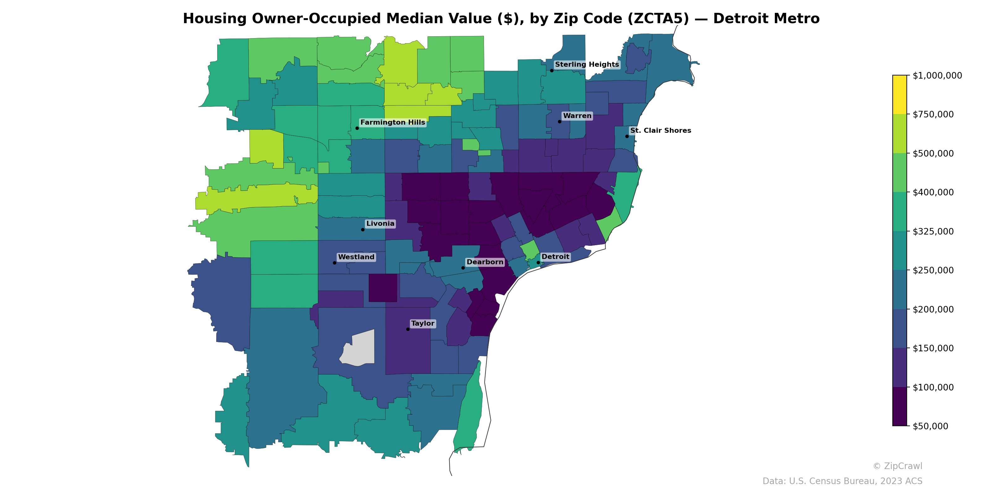 Housing Owner-Occupied Median Value ($), by Zip Code (ZCTA5) — Detroit Metro
