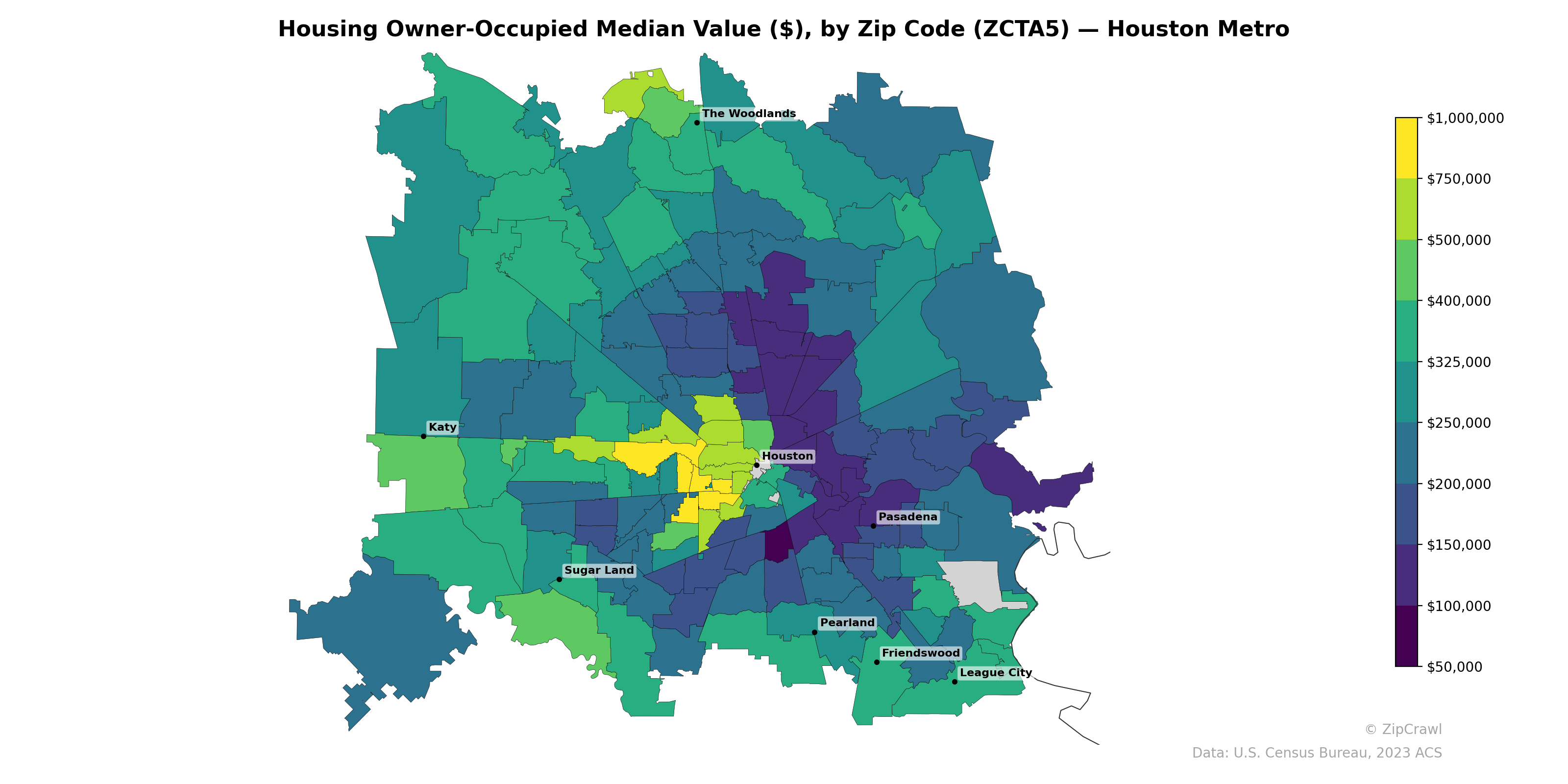 Housing Owner-Occupied Median Value ($), by Zip Code (ZCTA5) — Houston Metro